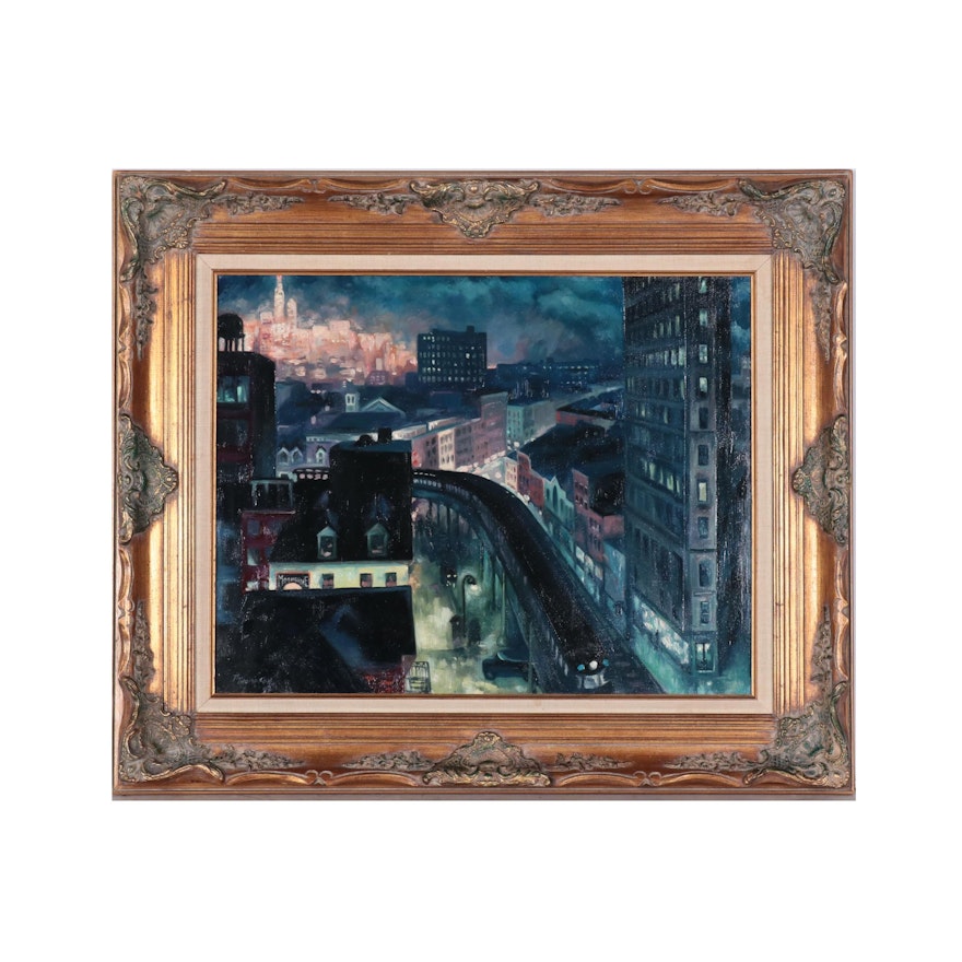 T. Thompson Acrylic Painting of Nighttime City Scene, 1992