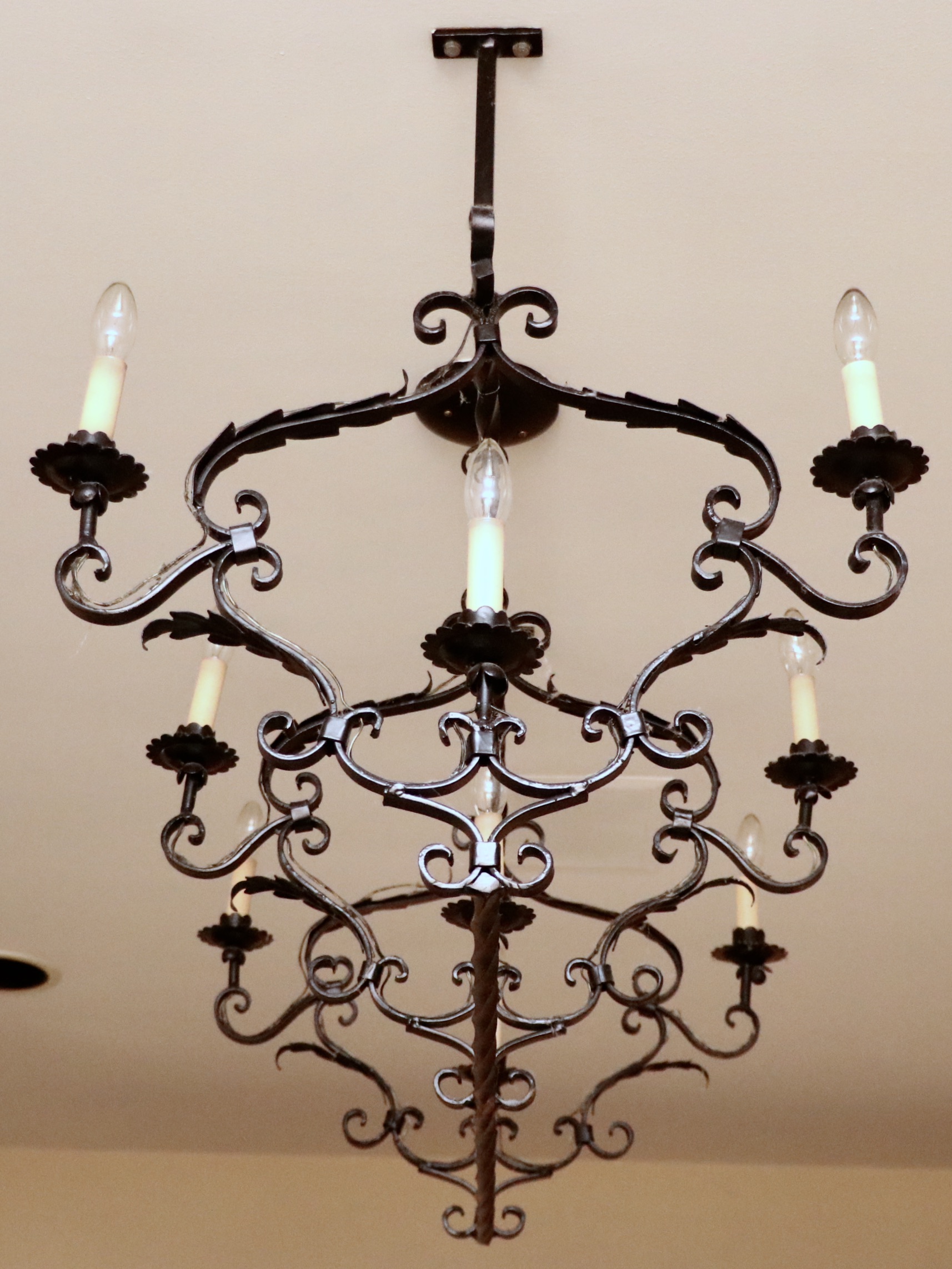 Italian Style Wrought Iron Nine-Light Chandelier with Pot Rack