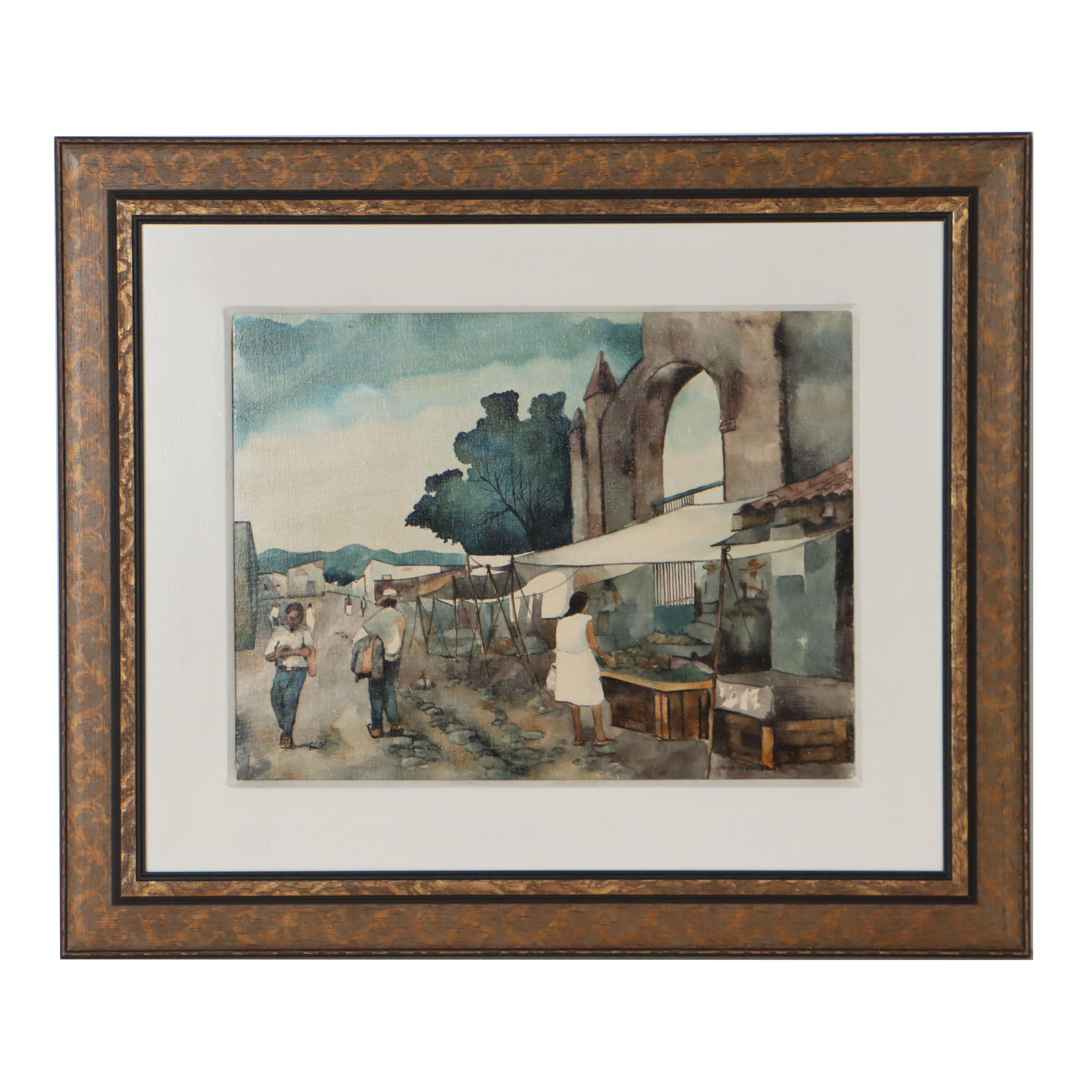 Juan Ramírez Garcia Mexican Market Scene Watercolor Painting
