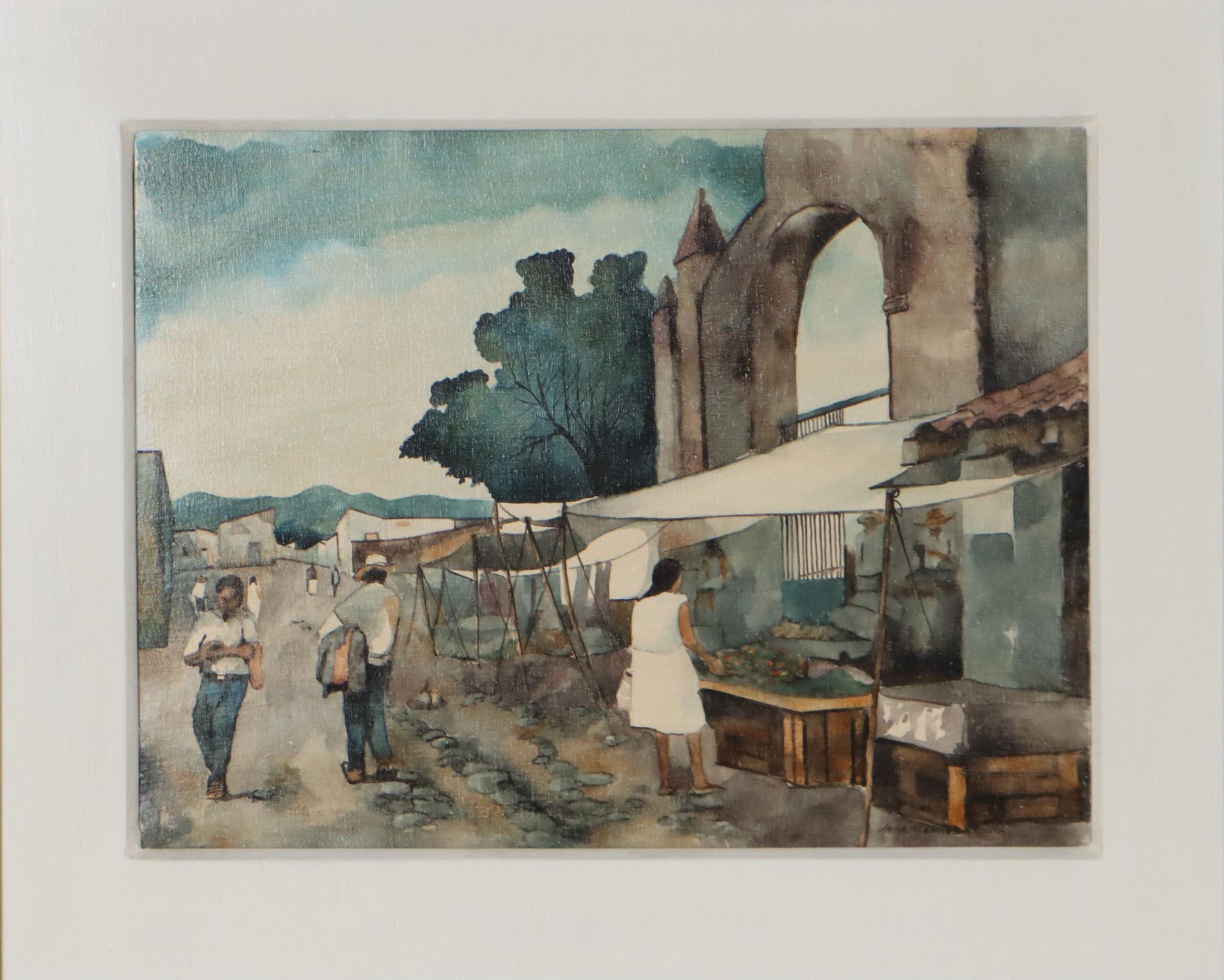 Juan Ramírez Garcia Mexican Market Scene Watercolor Painting