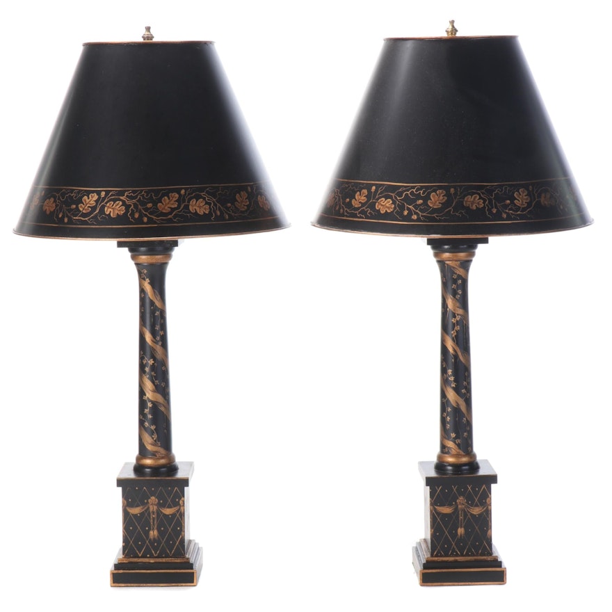 Neoclassical Style Column Gilt-Decorated Ebonized Composite Table Lamps