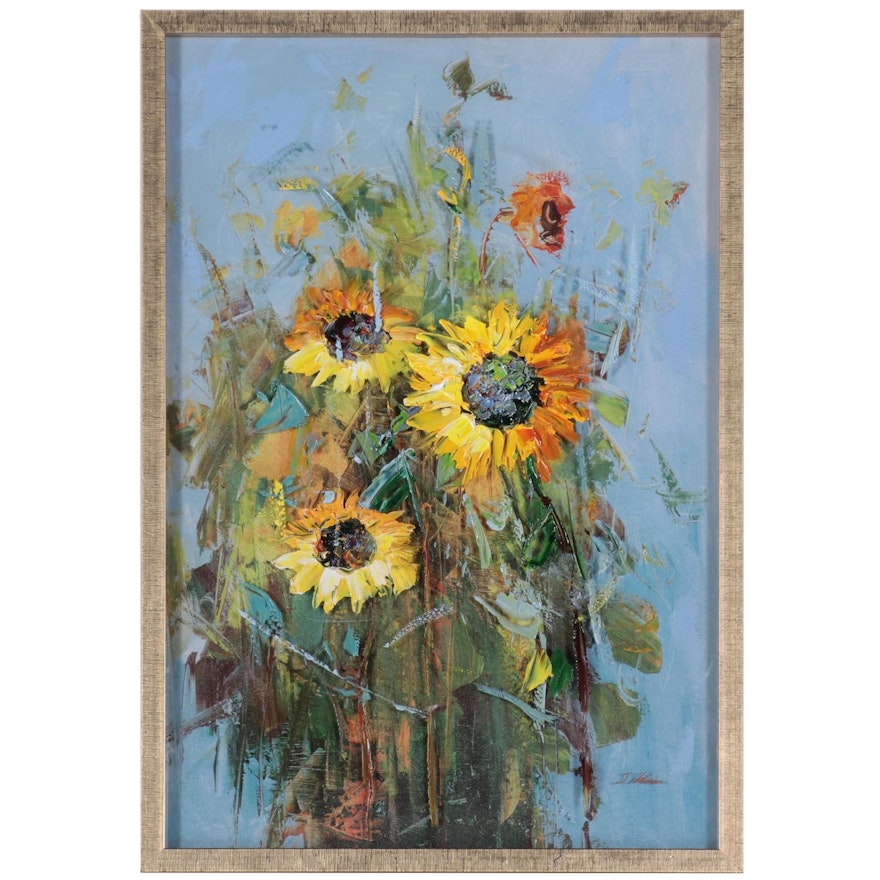 J. Kim Dimensional Mixed Media Composition of Sunflowers, Late 20th Century