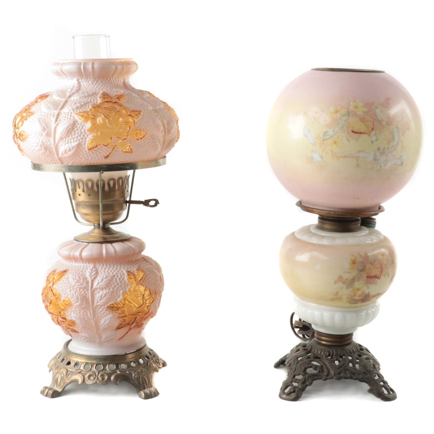 Fenton Pressed Glass With Adapted Painted Glass Floral Table Lamps, Mid-20th C