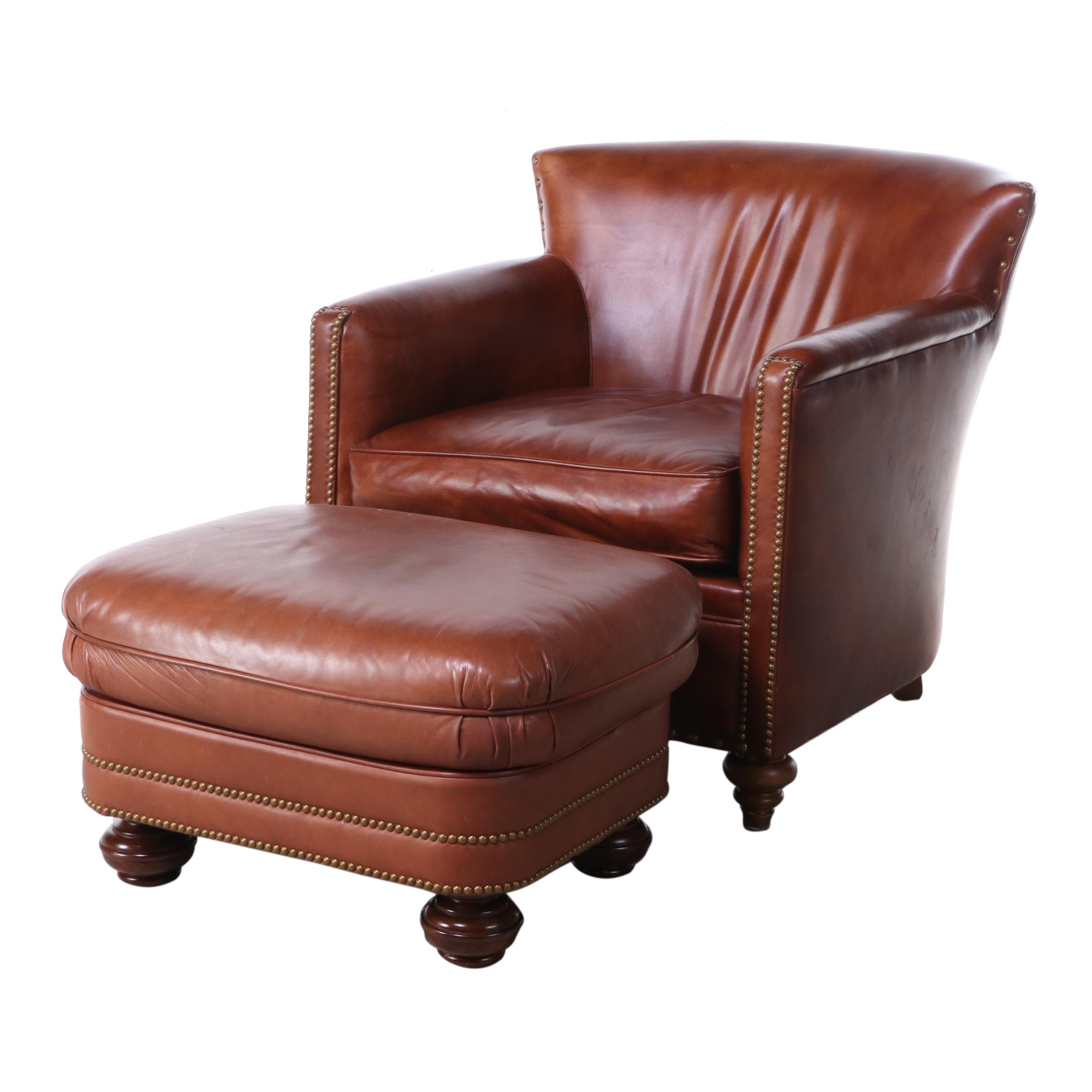 Century Leather and Brass-Tacked Armchair and Leathercraft Ottoman