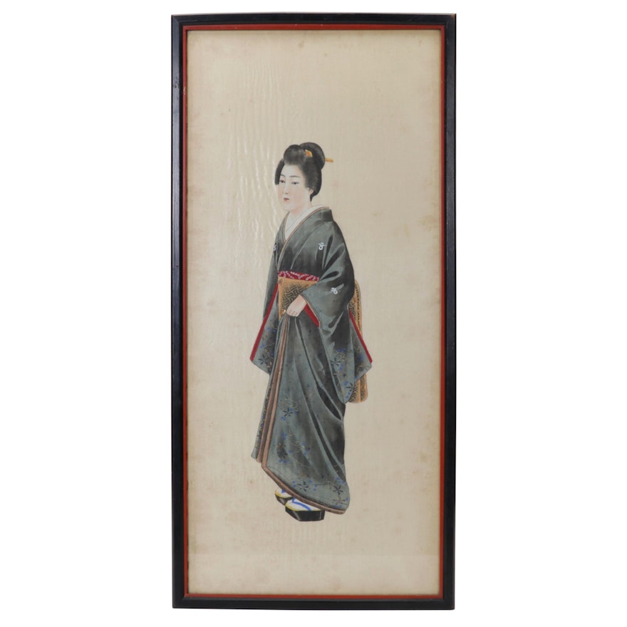 Japanese Portrait Watercolor and Gouache Painting of Woman Wearing Kimono