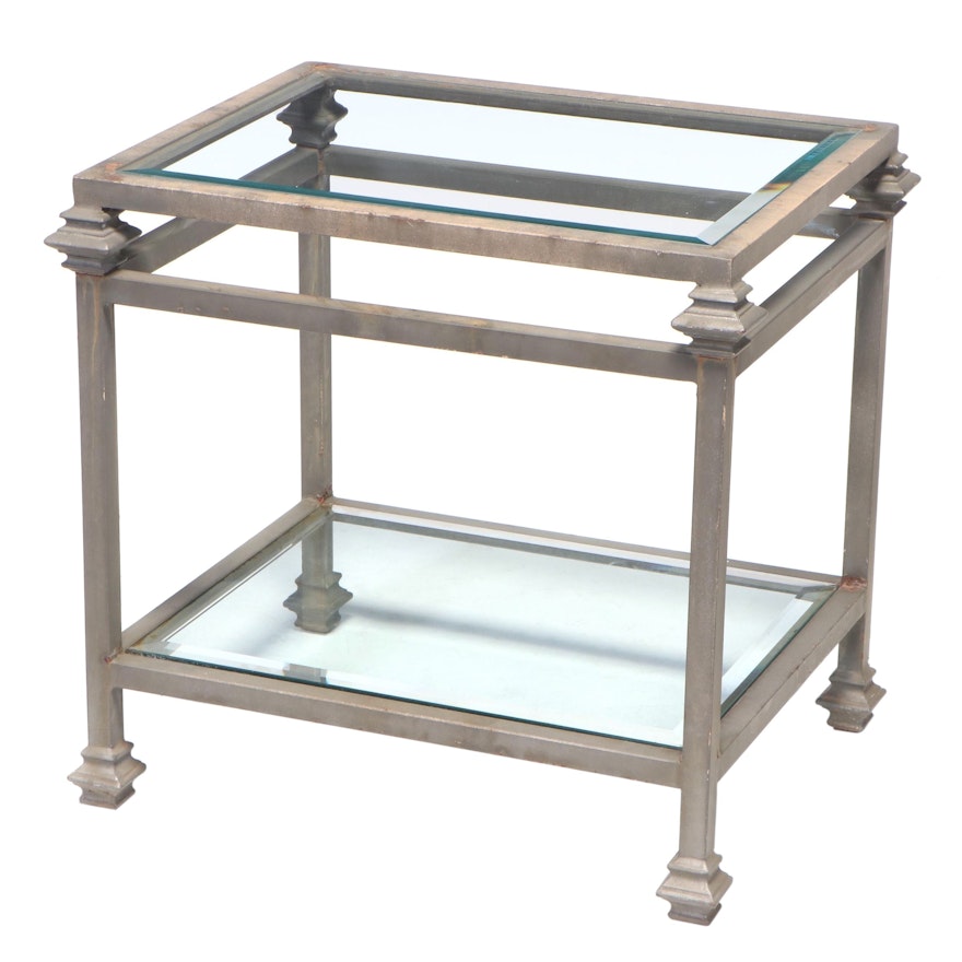 Industrial Style Patinated Metal and Glass Top Two-Tier Side Table