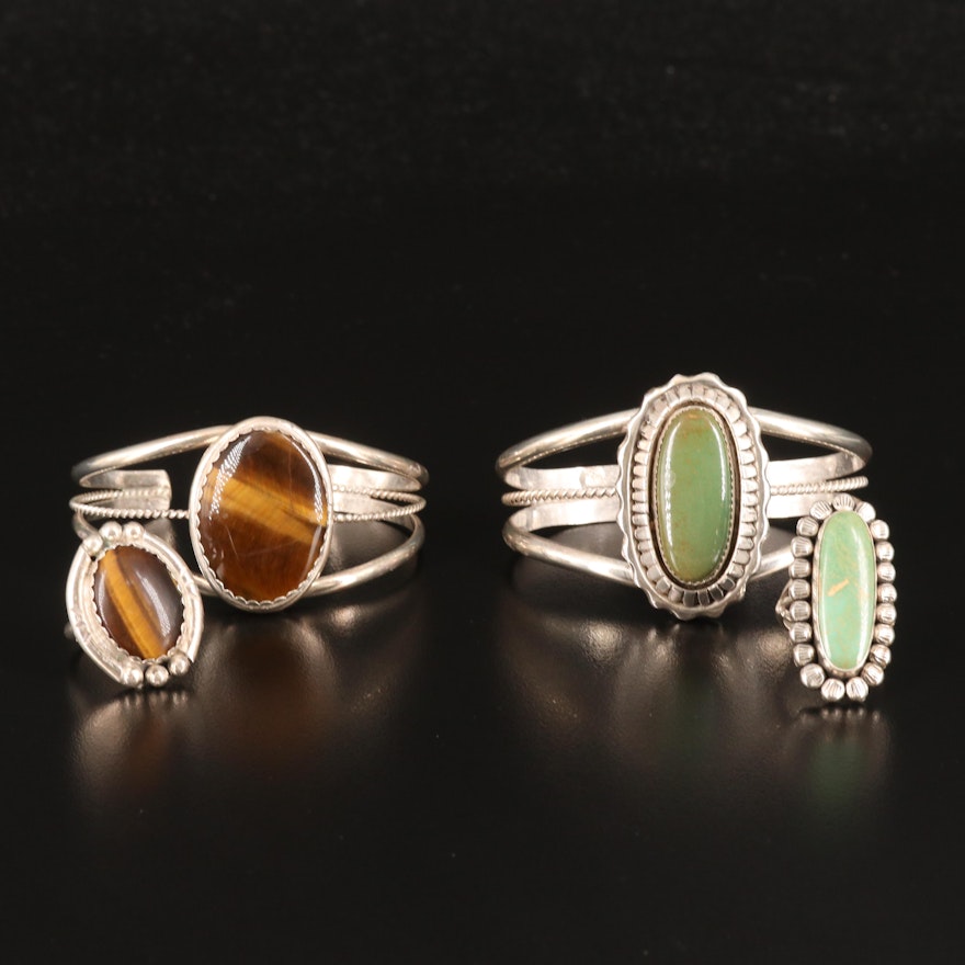 Sterling Tiger's Eye Quartz and Turquoise Cuff and Ring Sets