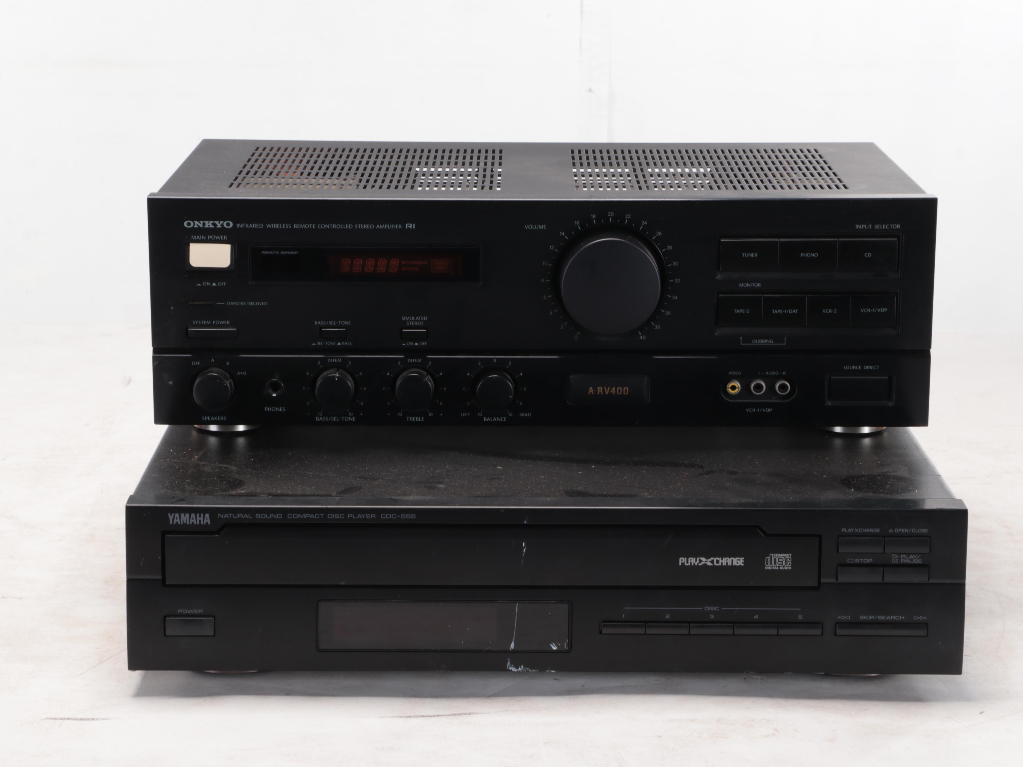 Onkyo A-RV400 Amplifier with Yamaha CD Player and Polk Audio Speakers