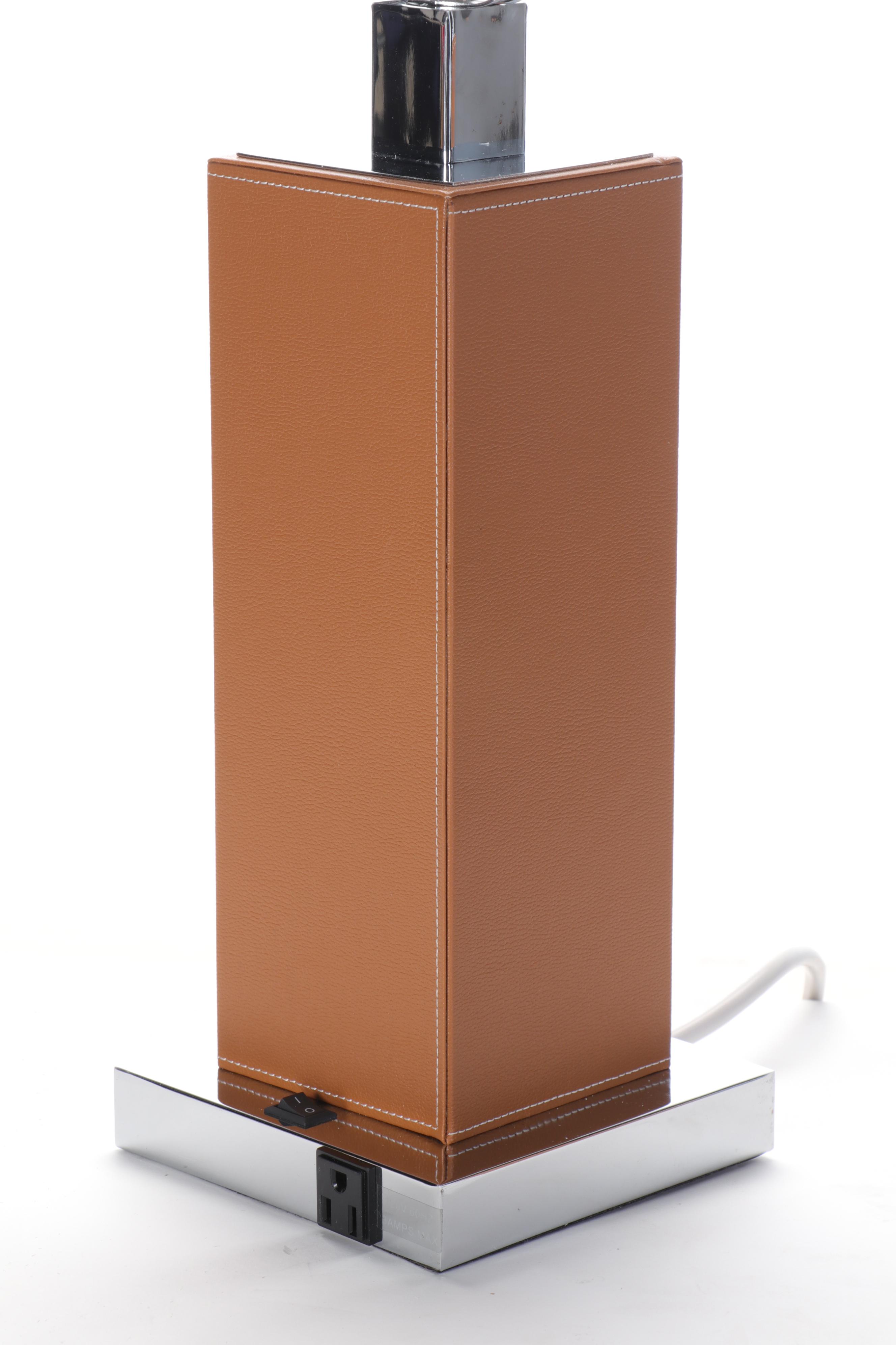 Bonded Leather-Wrapped Square Metal Column Table Lamps with Drum Shades