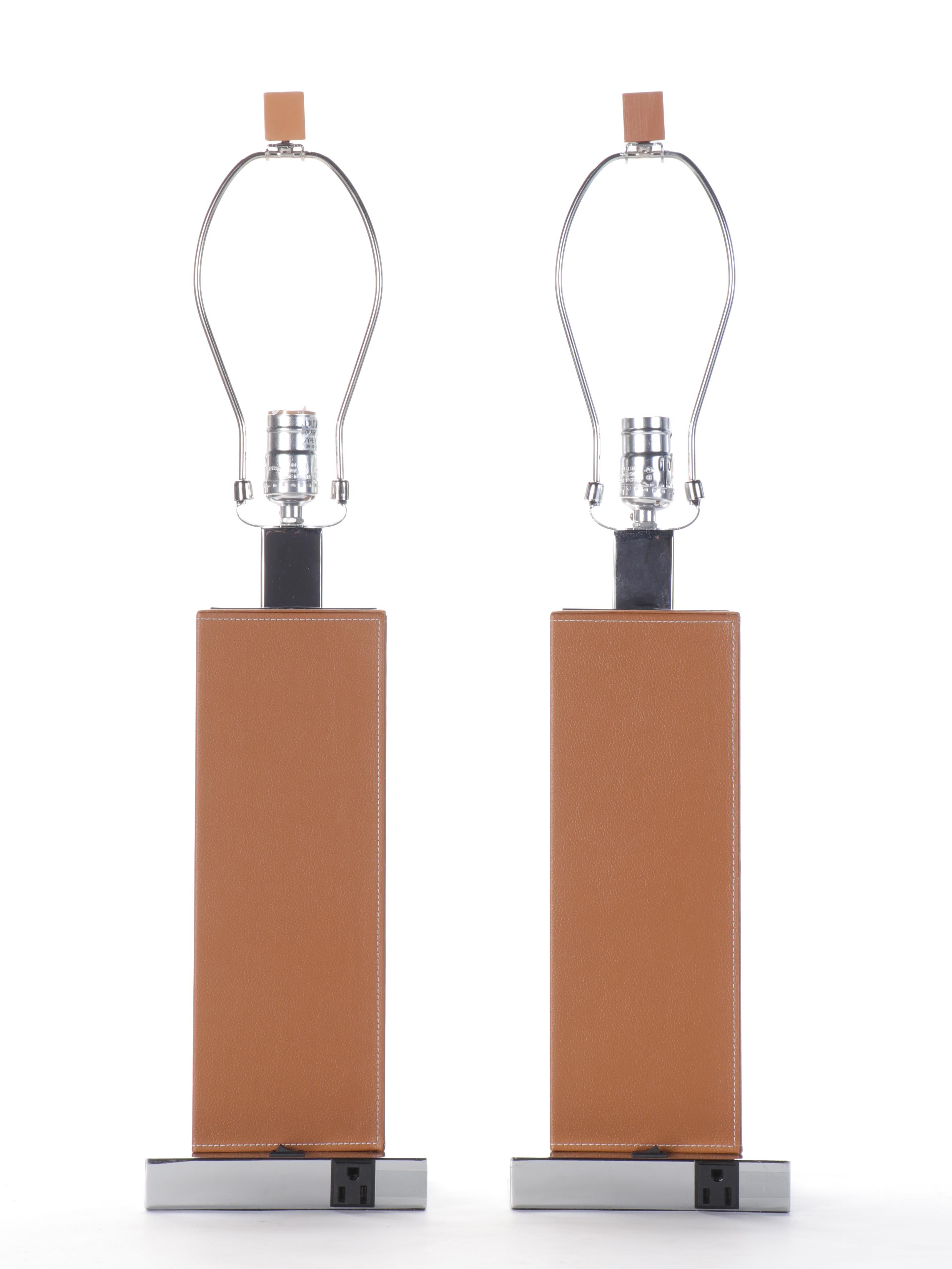 Bonded Leather-Wrapped Square Metal Column Table Lamps with Drum Shades