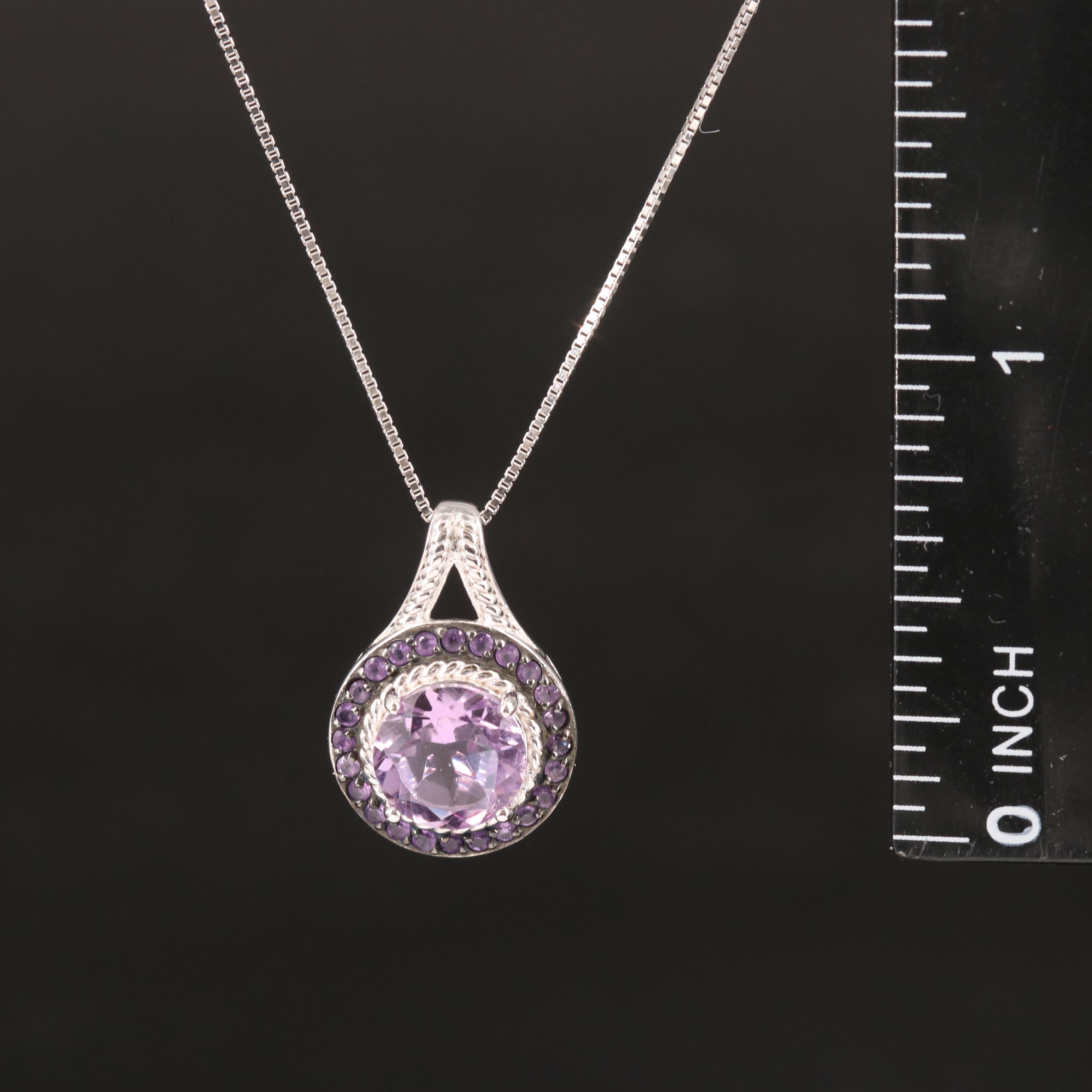 Sterling Amethyst Halo Pendant Necklace