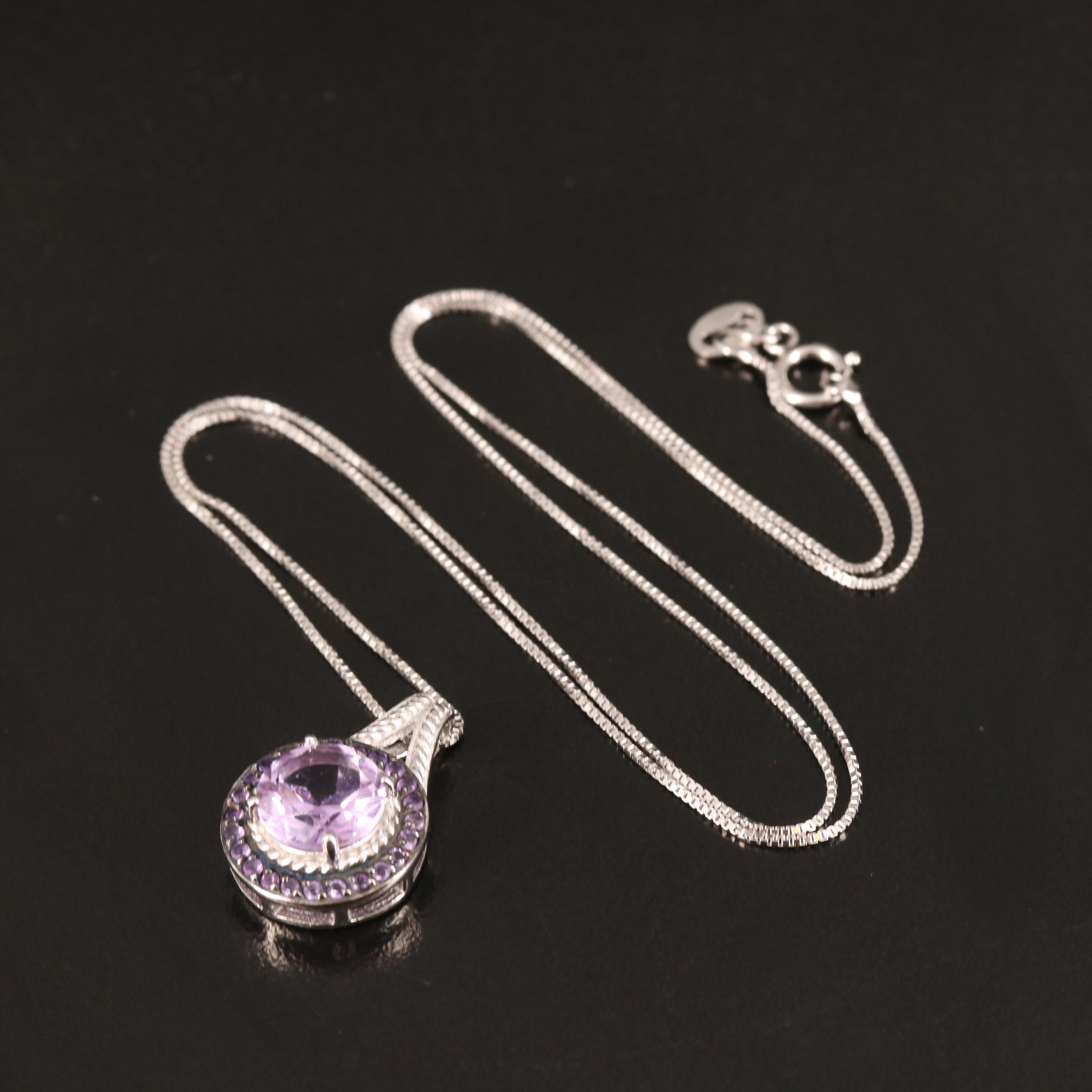 Sterling Amethyst Halo Pendant Necklace