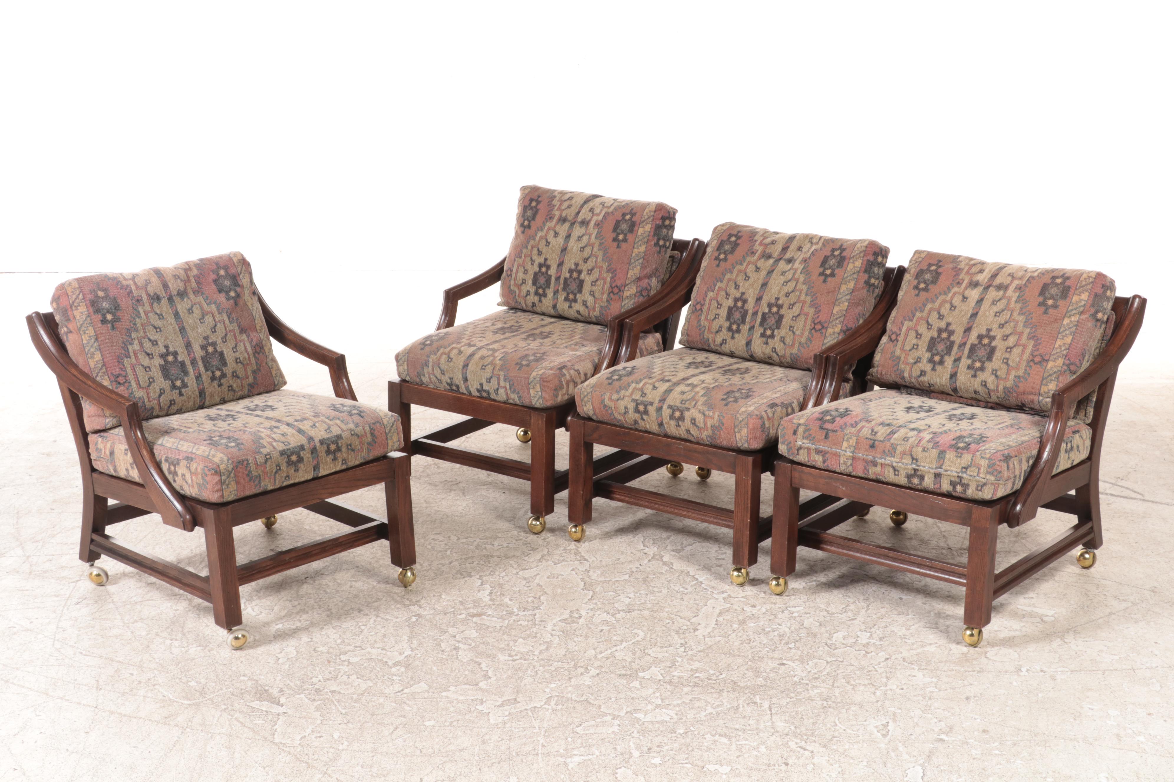 Adjustable-Height Oak Games Table with Four Armchairs on Casters