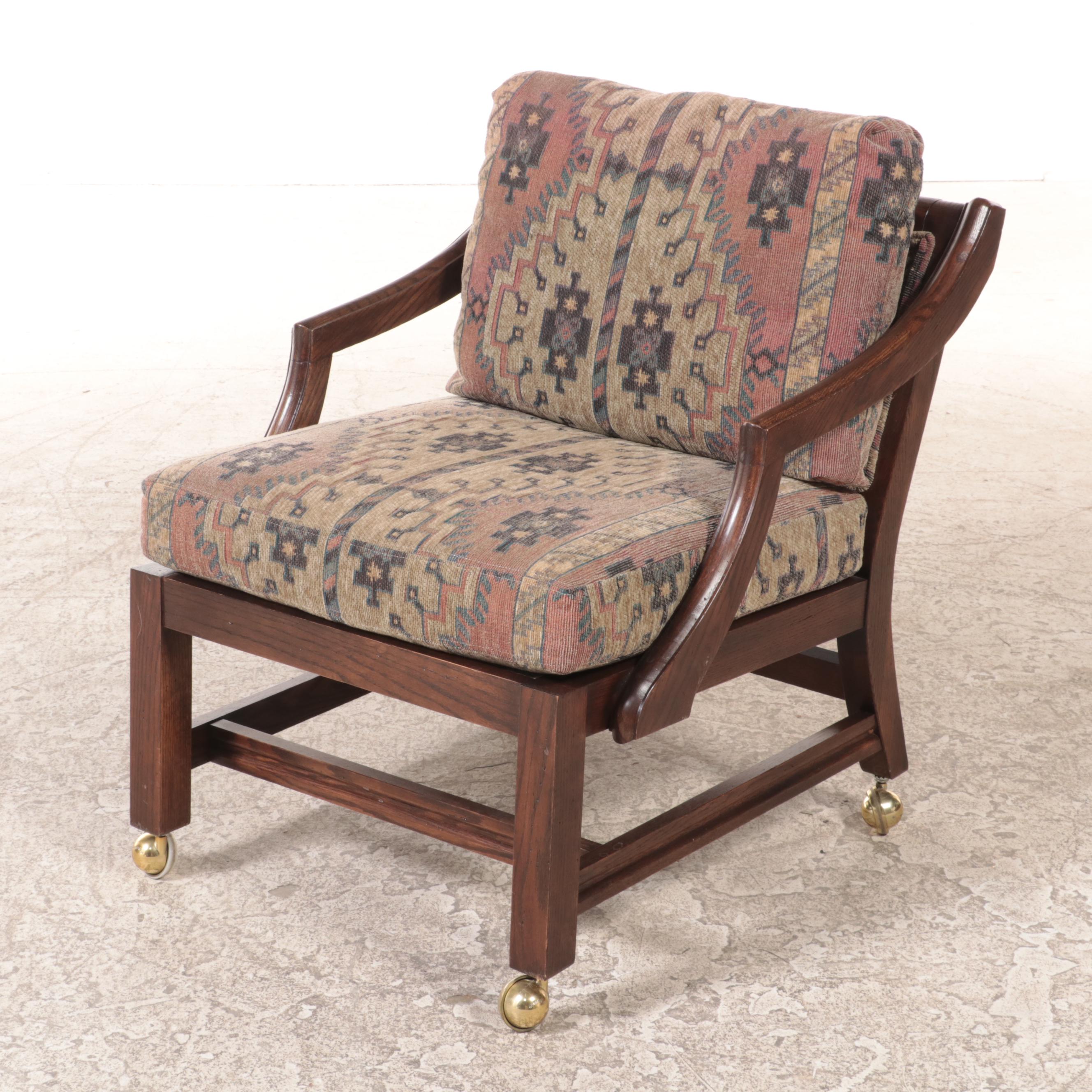 Adjustable-Height Oak Games Table with Four Armchairs on Casters