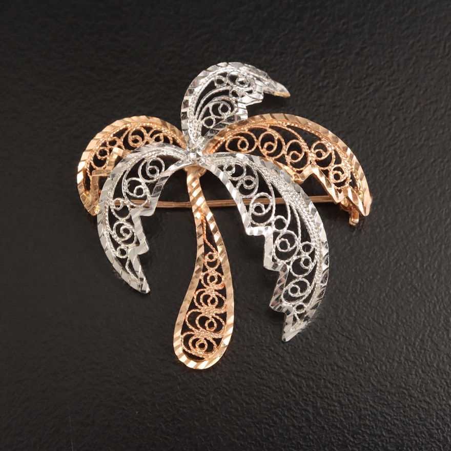 14K White and Rose Gold Filigree Palm Tree Brooch