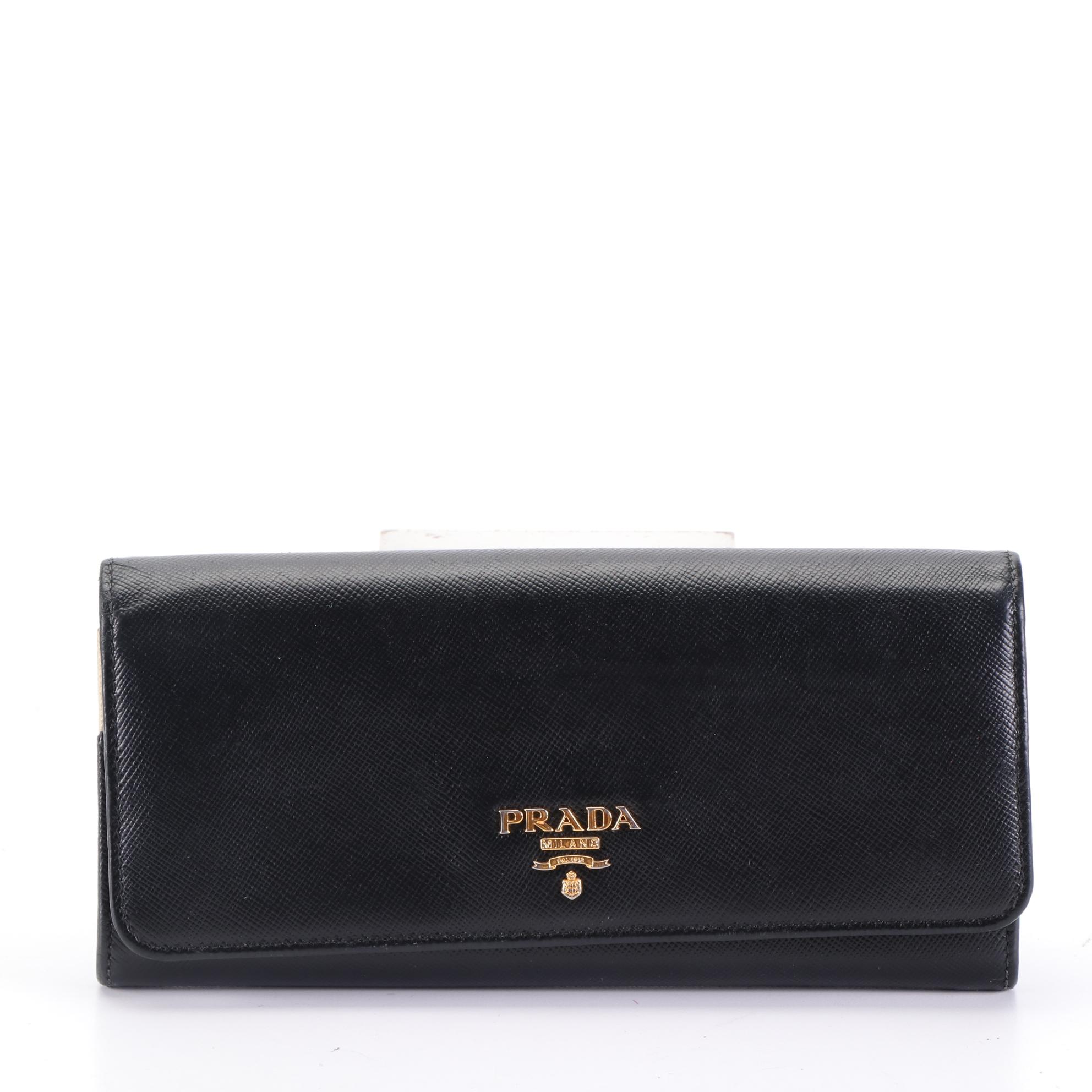Prada Long Wallet in Black/Multicolor Saffiano Leather