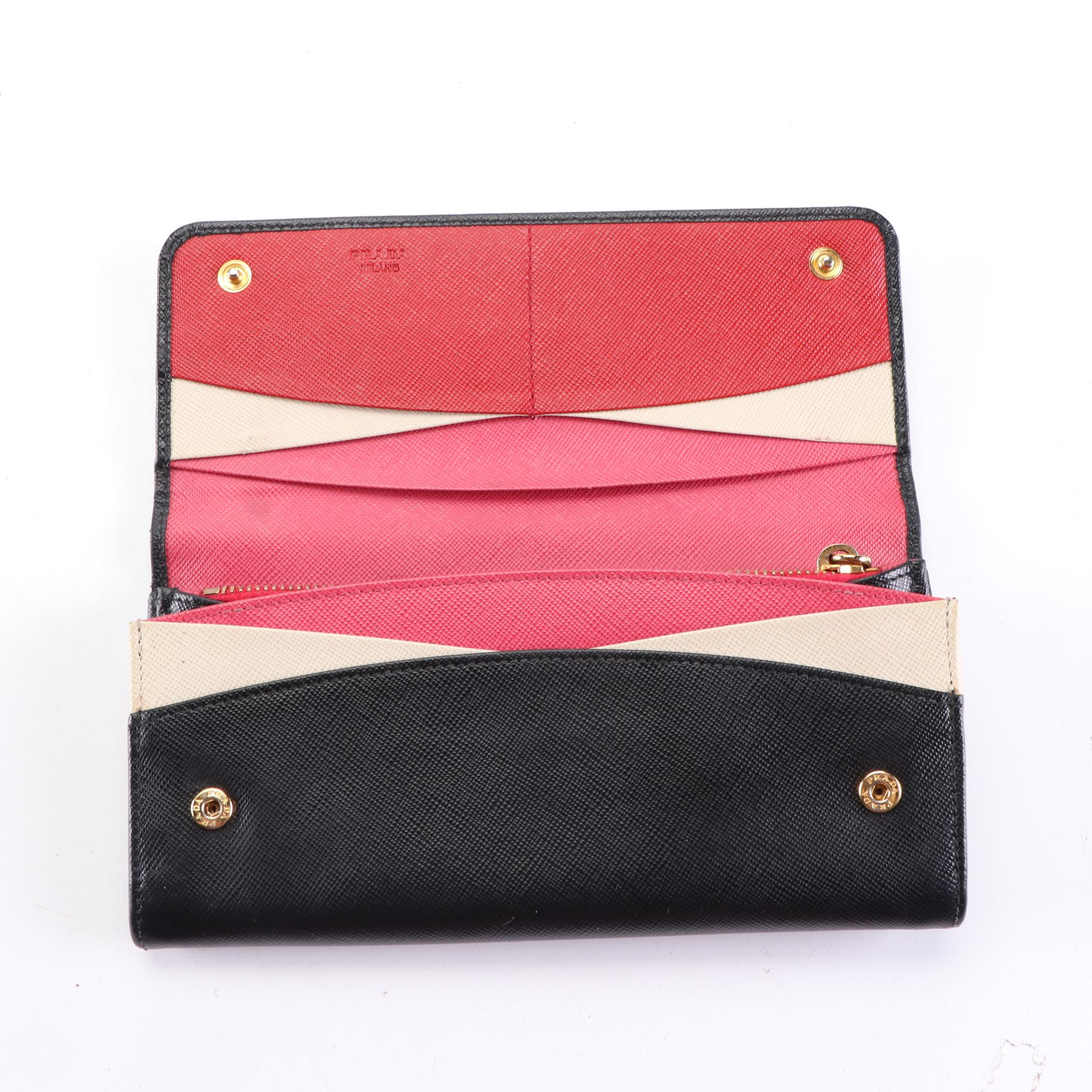 Prada Long Wallet in Black/Multicolor Saffiano Leather