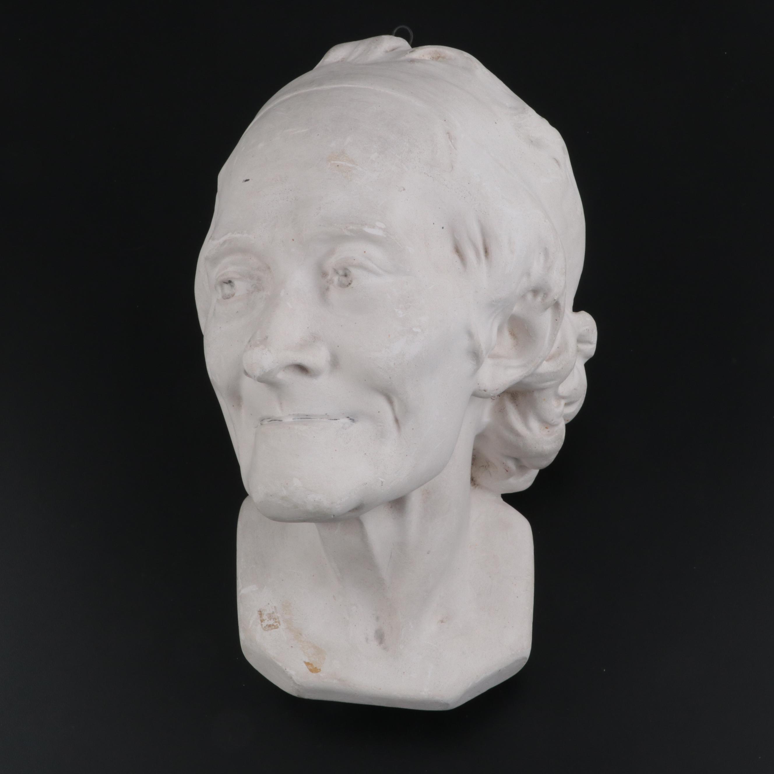 Plaster Bust of Voltaire after Jean-Antione Houdon and Acanthus Leaf Corbels