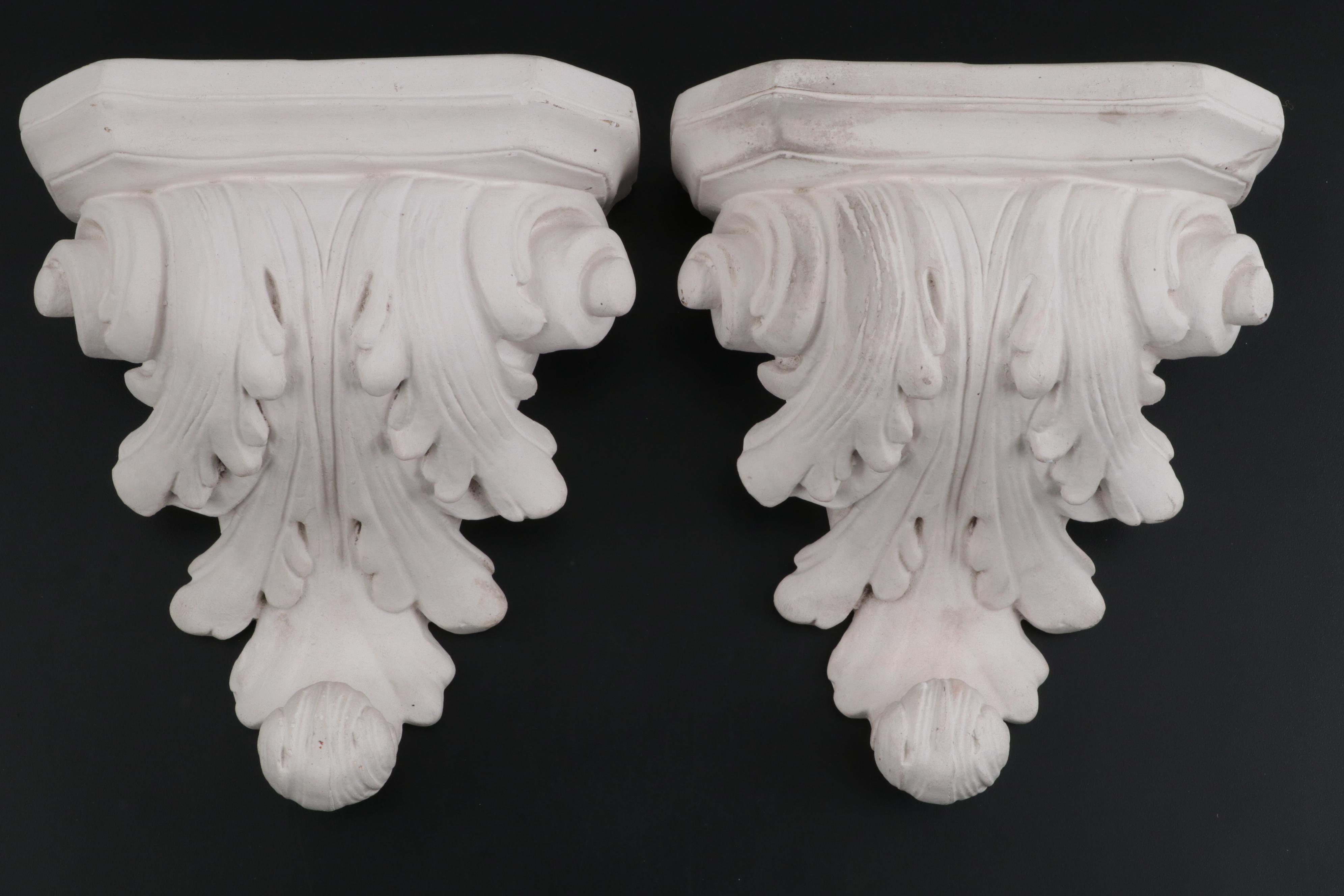 Plaster Bust of Voltaire after Jean-Antione Houdon and Acanthus Leaf Corbels