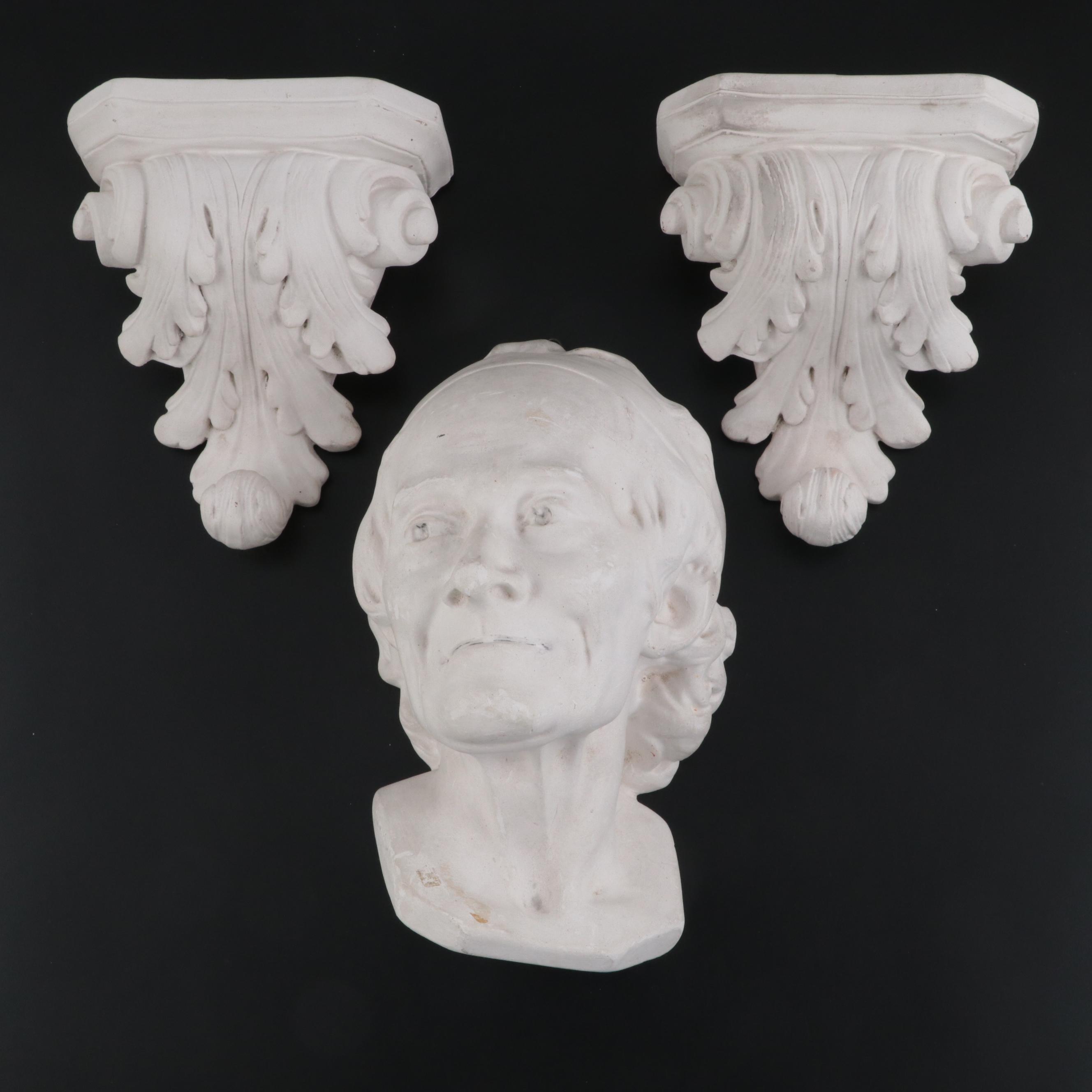 Plaster Bust of Voltaire after Jean-Antione Houdon and Acanthus Leaf Corbels