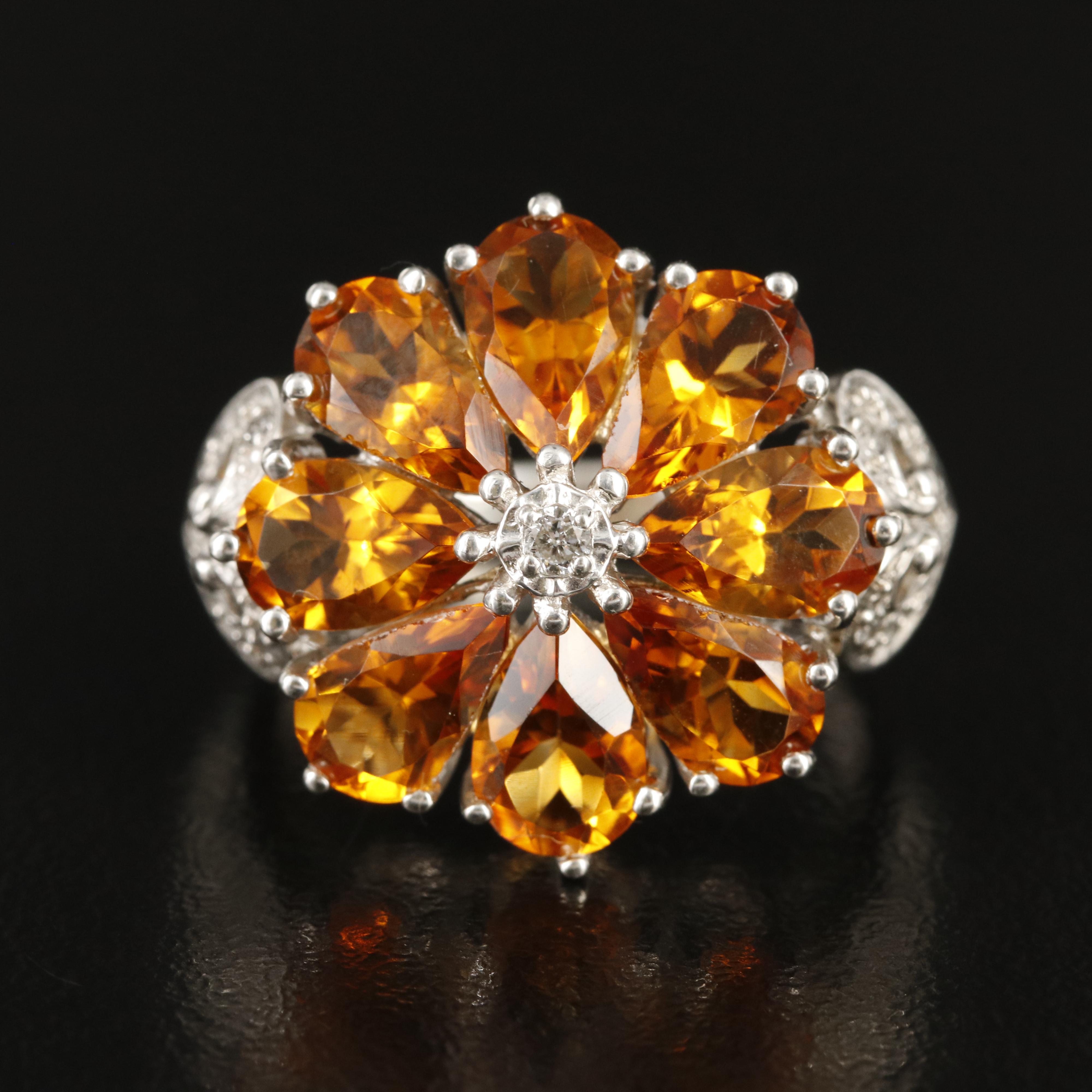 Sterling Citrine and Diamond Flower Ring