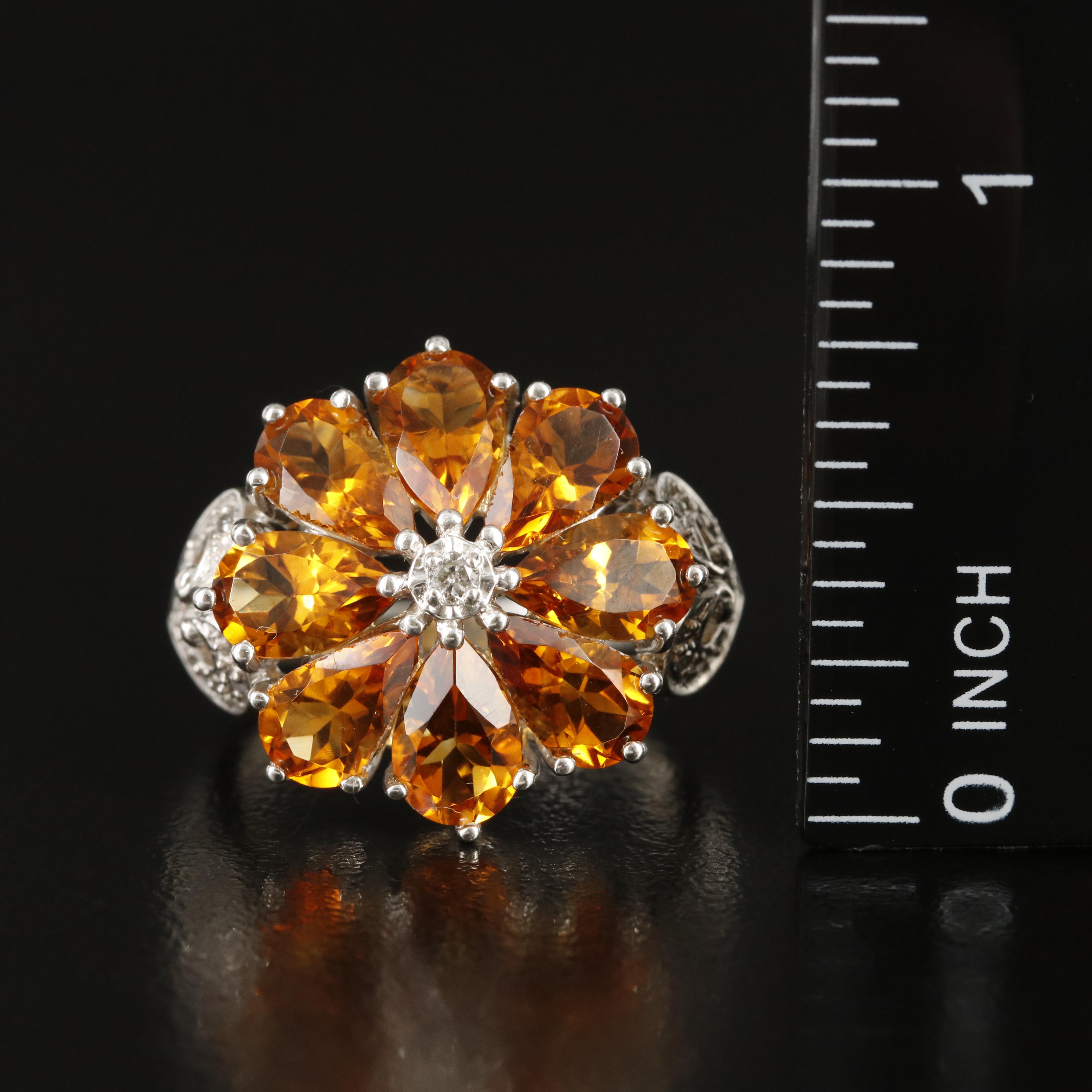 Sterling Citrine and Diamond Flower Ring