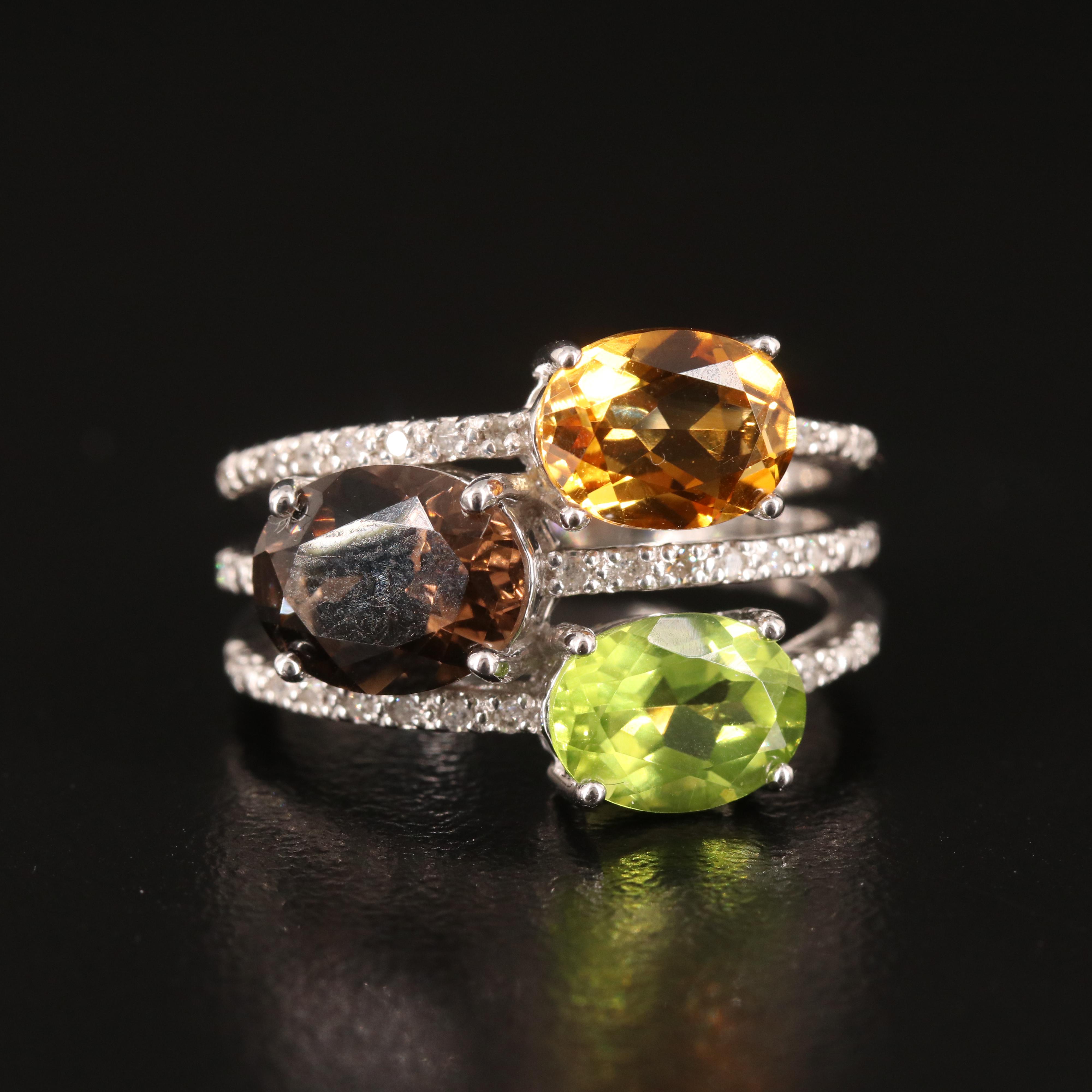 Sterling Peridot, Smoky Quartz and Diamond Split Band Ring
