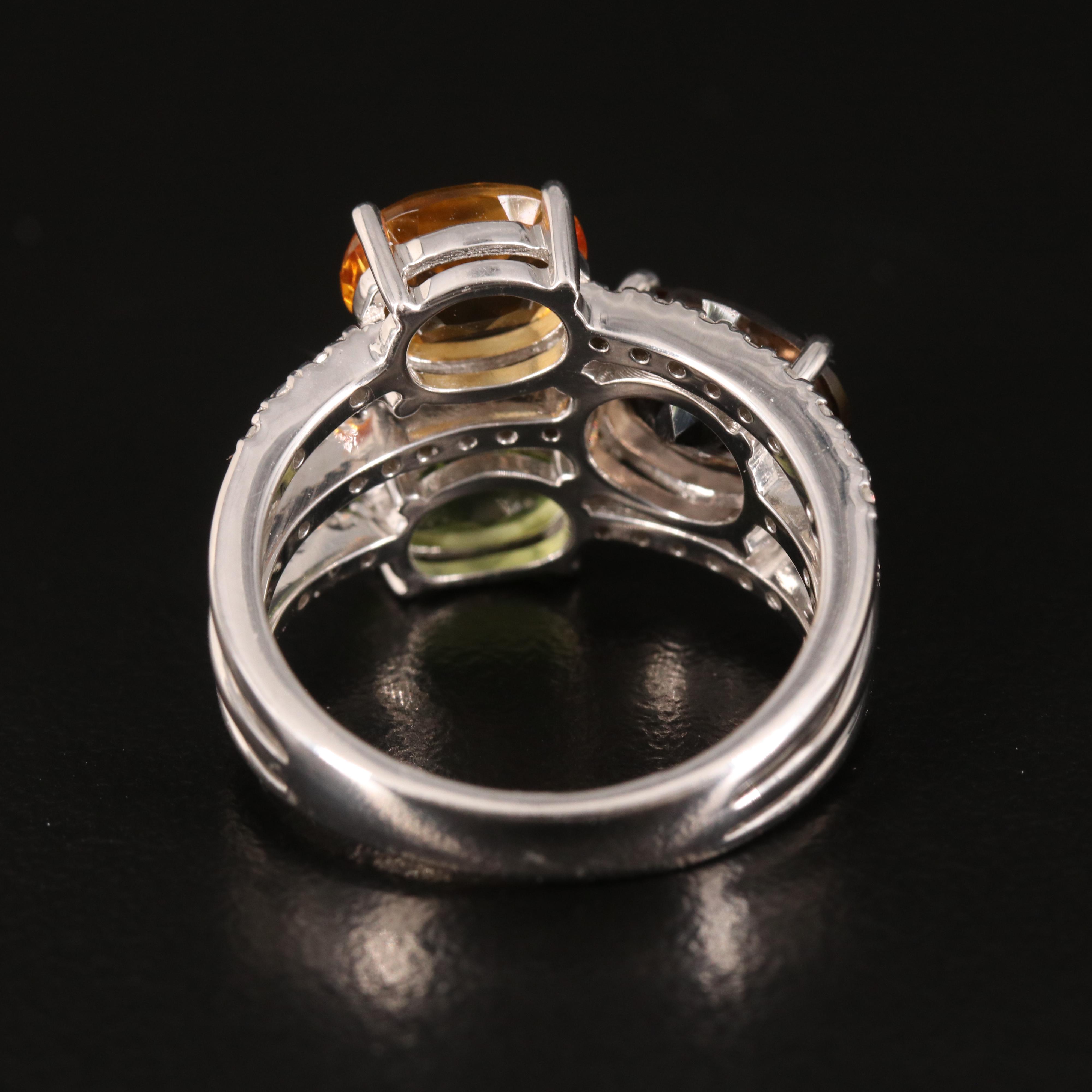 Sterling Peridot, Smoky Quartz and Diamond Split Band Ring