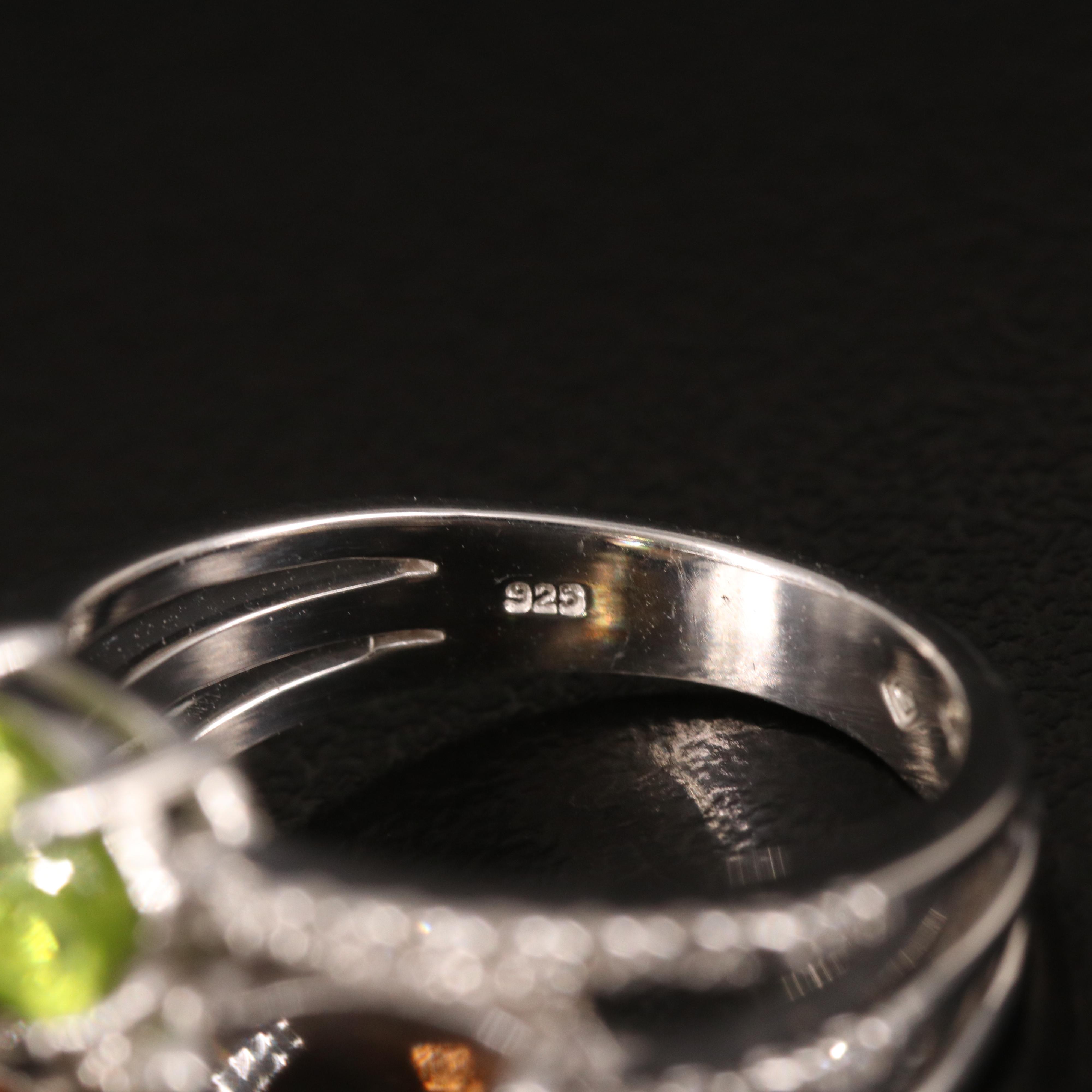 Sterling Peridot, Smoky Quartz and Diamond Split Band Ring