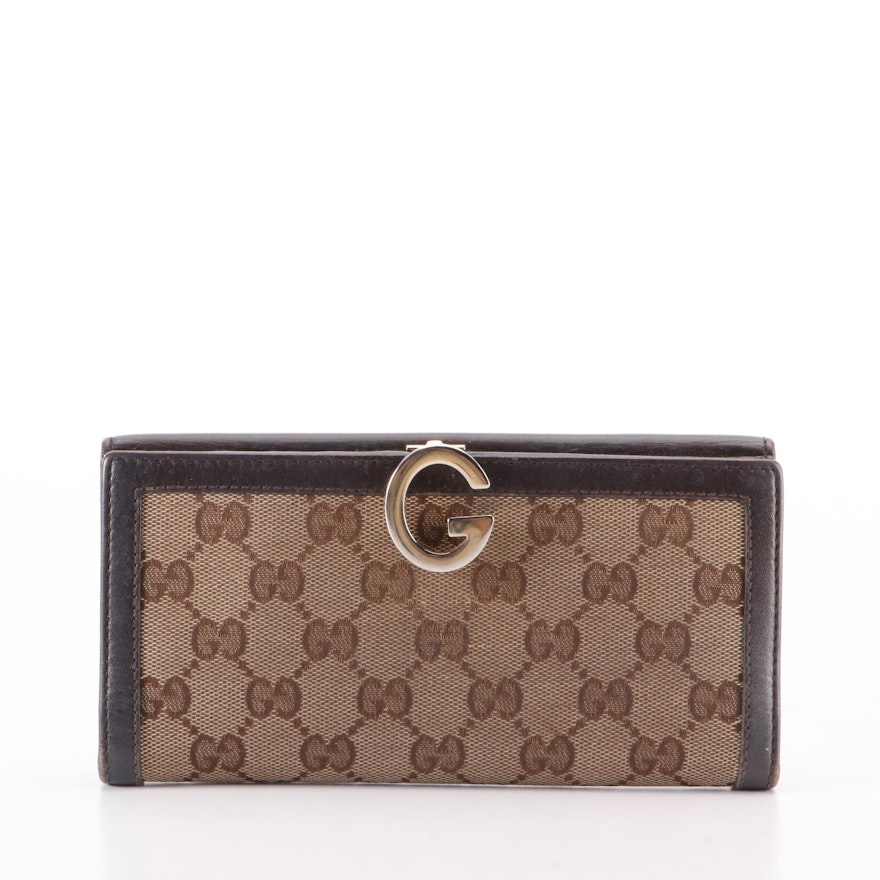 Gucci G-Clasp Continental Wallet in GG Canvas and Leather