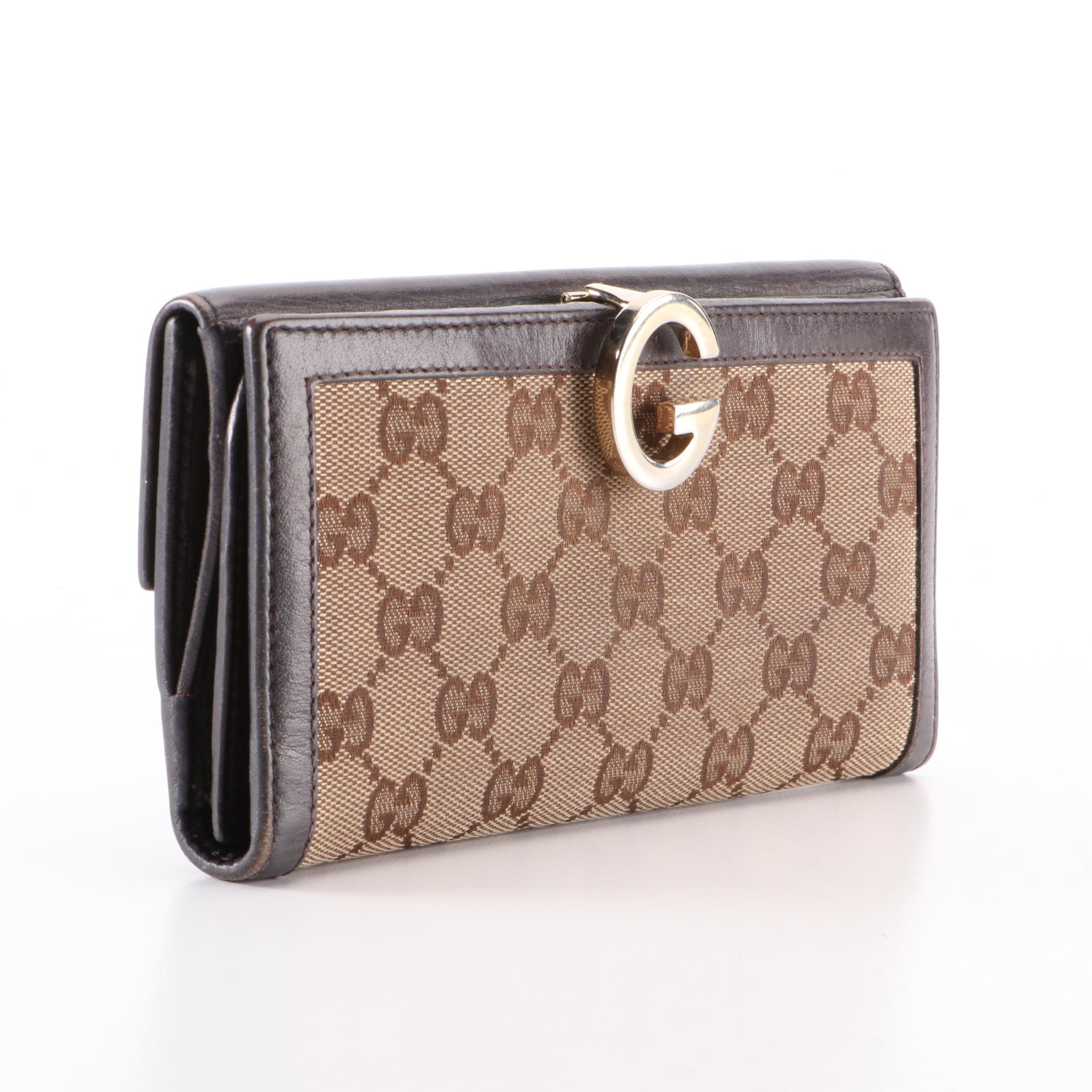 Gucci G-Clasp Continental Wallet in GG Canvas and Leather