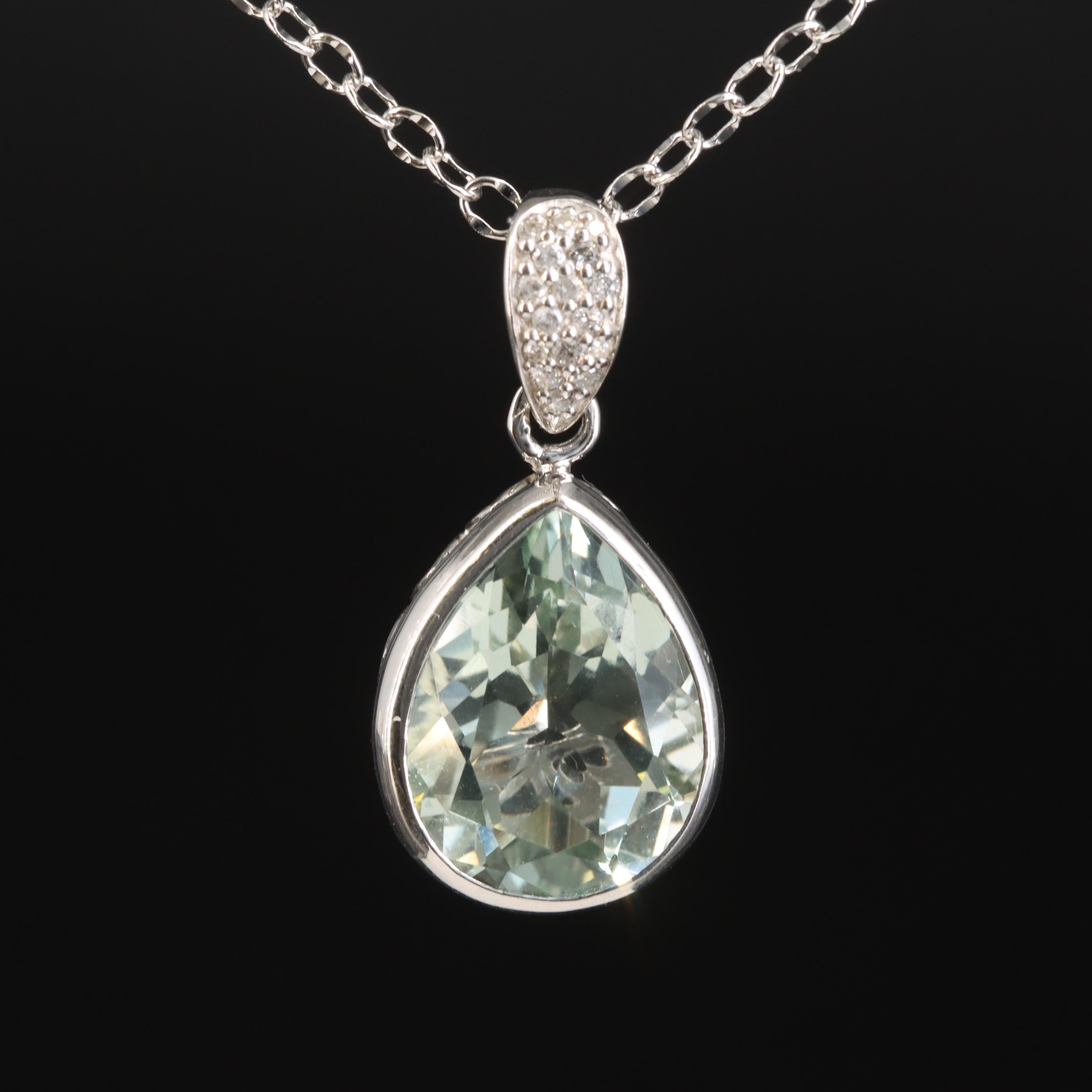 Sterling Prasiolite and Diamond Teardrop Pendant Necklace