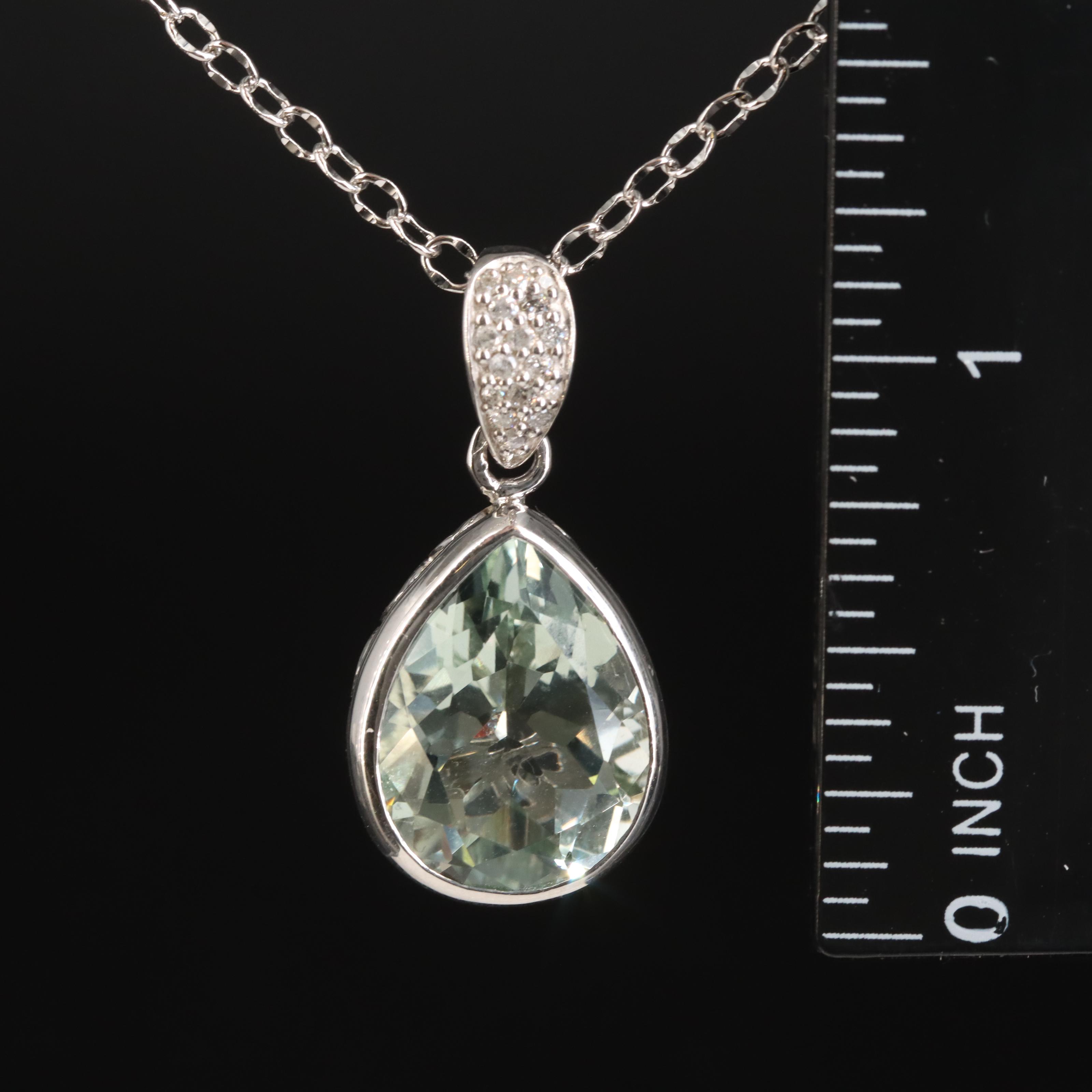Sterling Prasiolite and Diamond Teardrop Pendant Necklace
