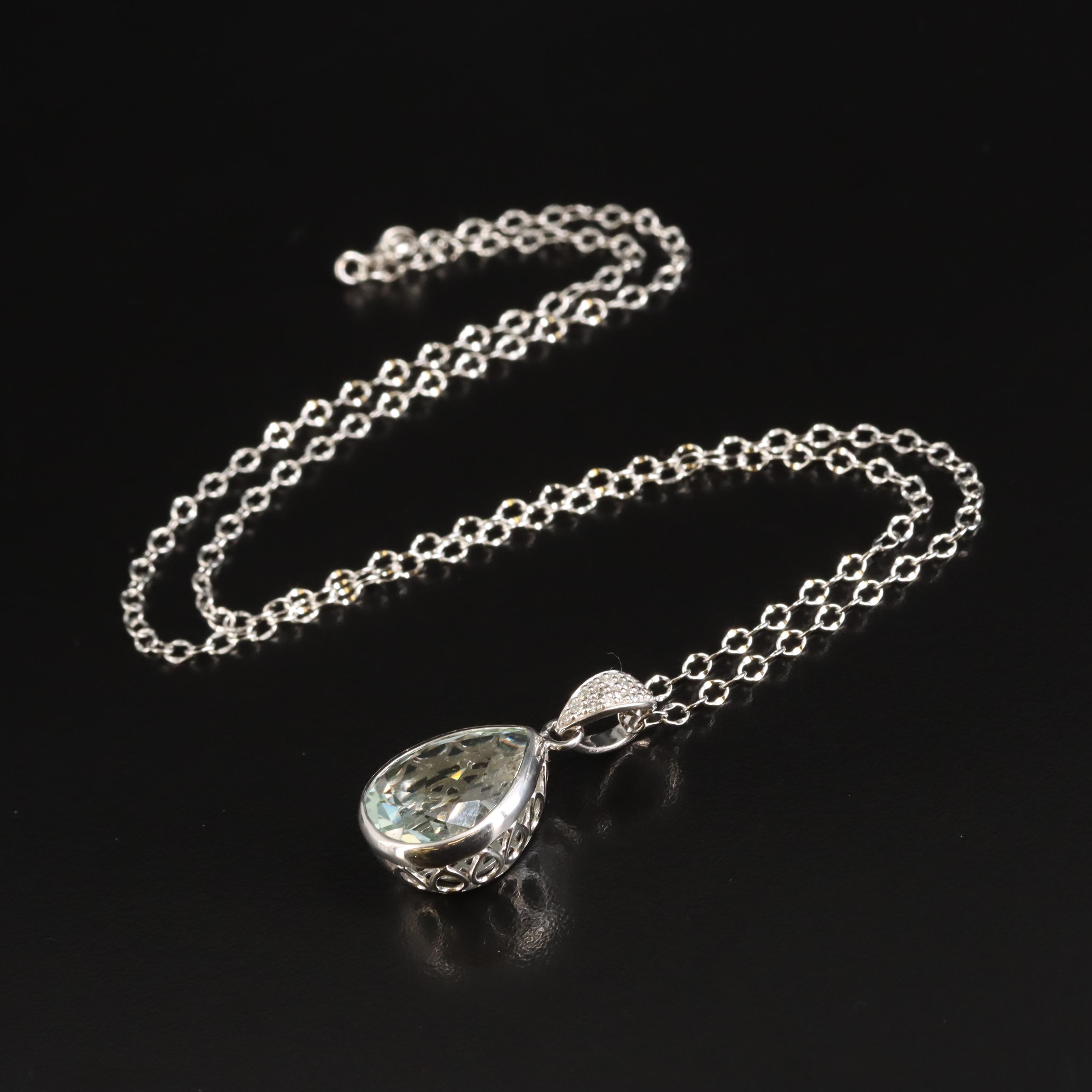 Sterling Prasiolite and Diamond Teardrop Pendant Necklace