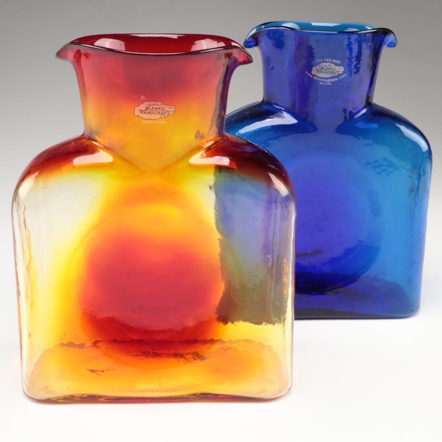 Blenko Cobalt and Tangerine Blown Glass Water Bottles