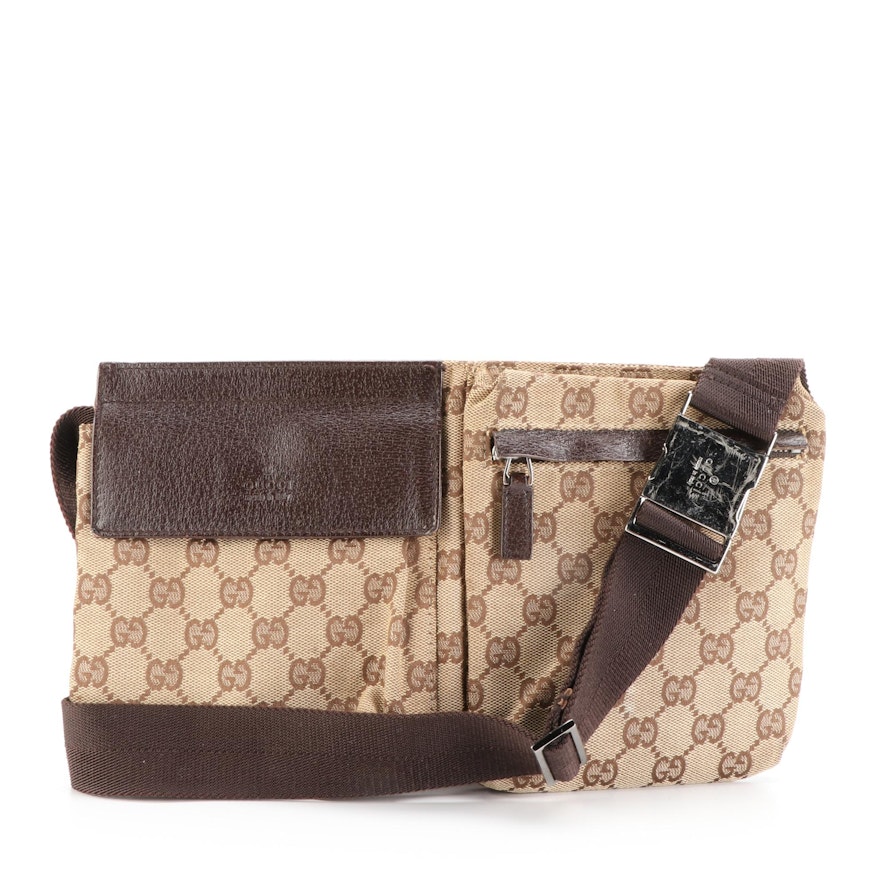 Gucci Waist Bag in GG Canvas and Brown Cinghiale Leather