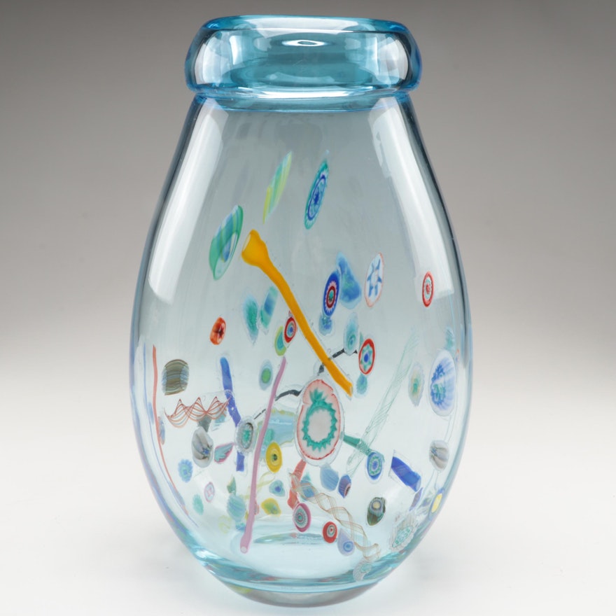 Murano Gallery Blown Blue Art Glass Vase with Murrine, Zanfirico and Cased Canes