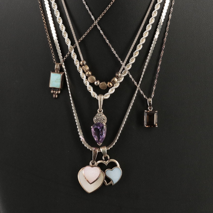 Sterling Necklaces Featuring Hearts, Mother-of-Pearl and Smoky Quartz