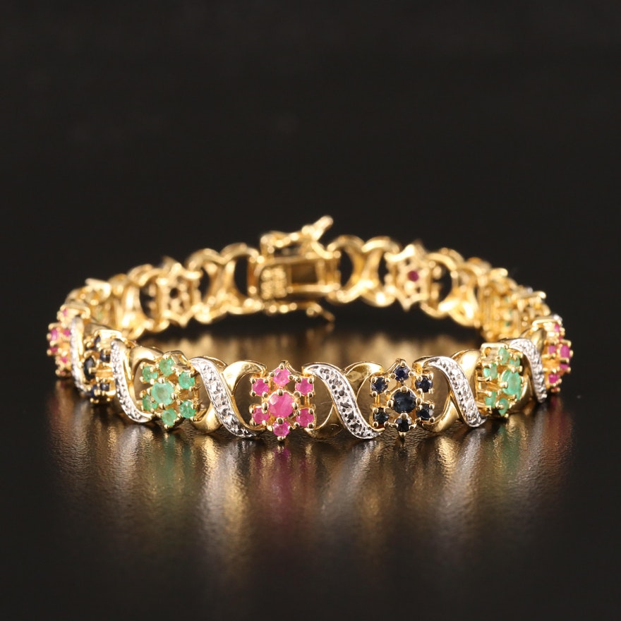 Sterling Ruby, Emerald and Sapphire Line Bracelet