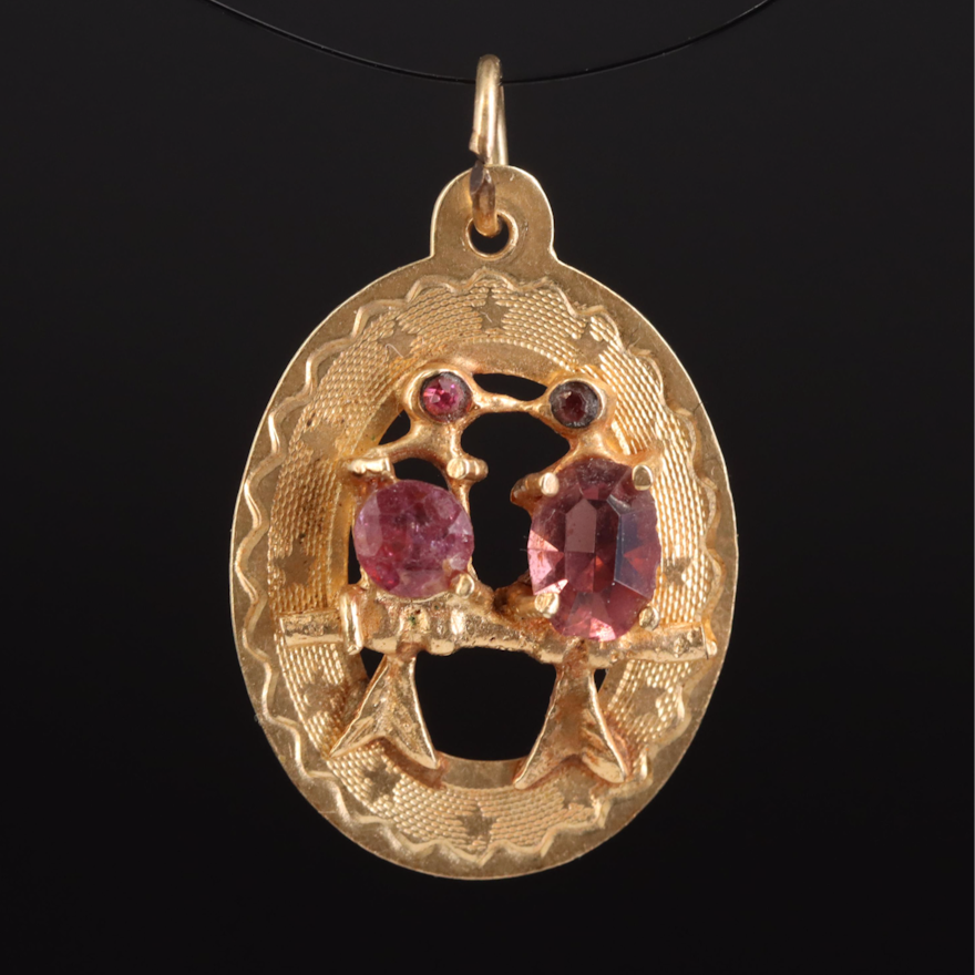 14K Ruby and Glass Love Birds Pendant