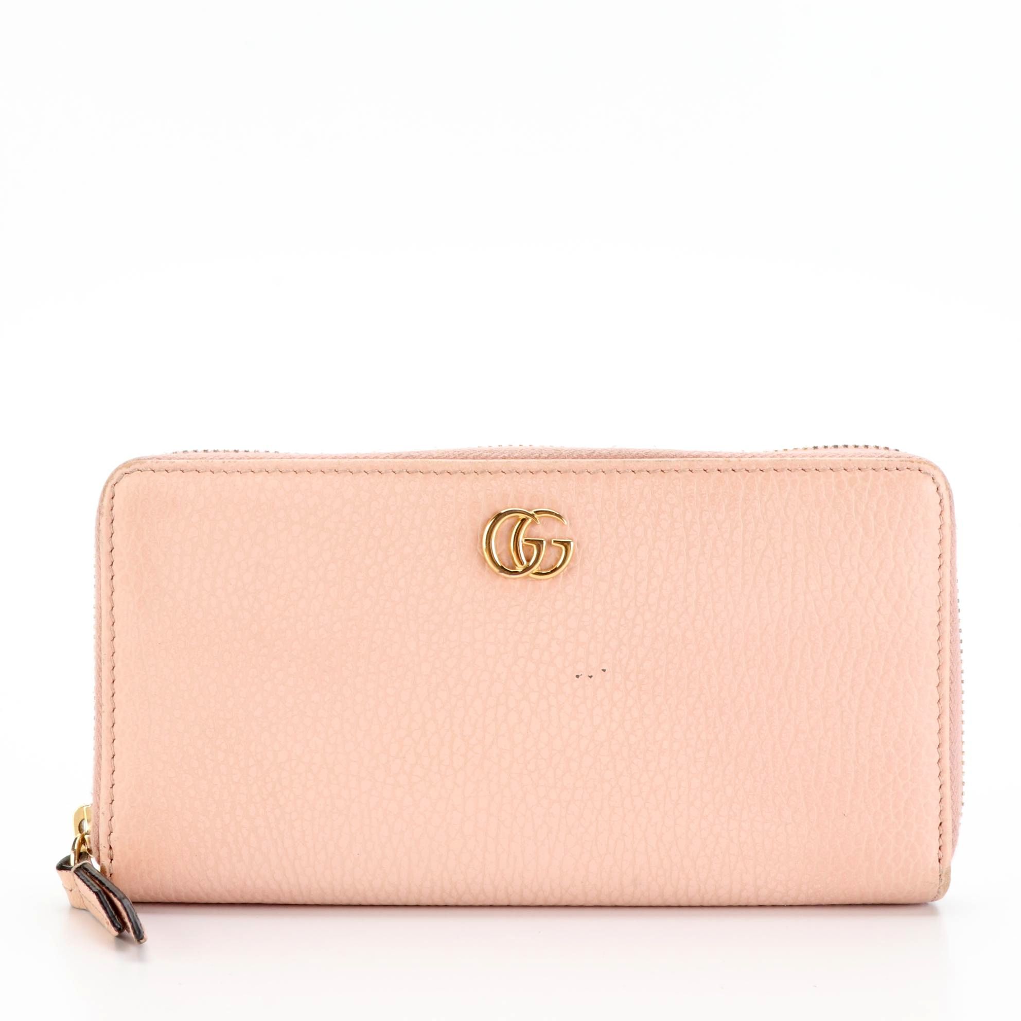 Gucci Marmont Zip Around Wallet in Pink Grained Leather