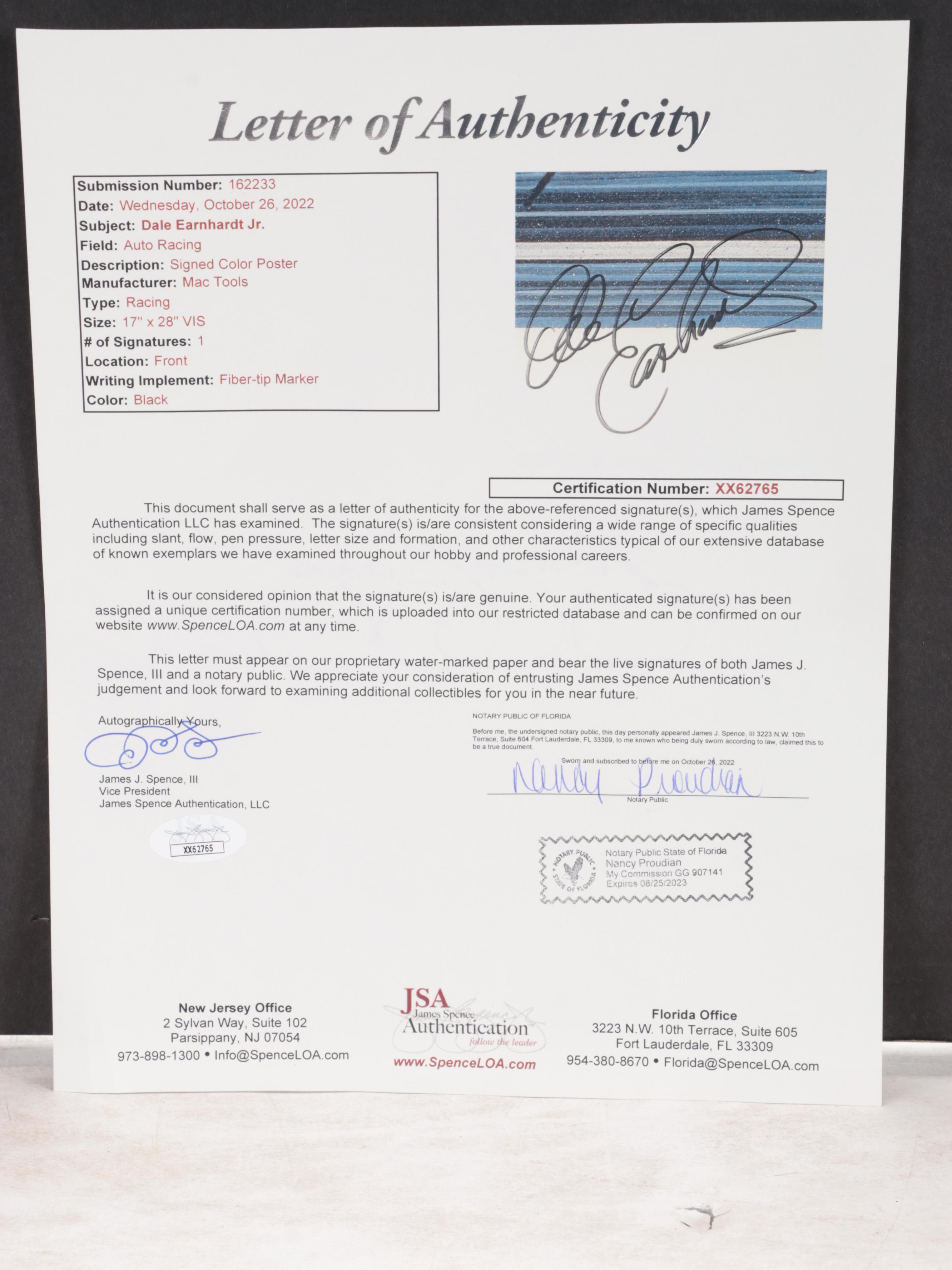 Dale Earnhardt Jr. Signed Framed Mac Tools Racing Color Poster