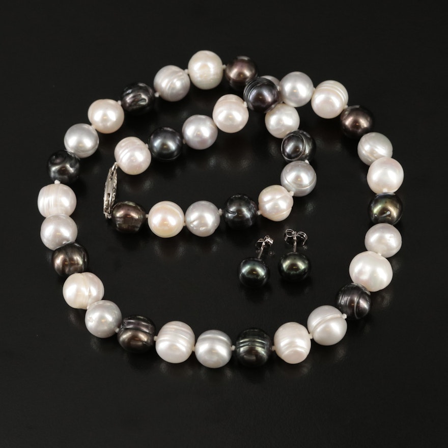Pearl Necklace and Stud Earrings with Sterling Closures