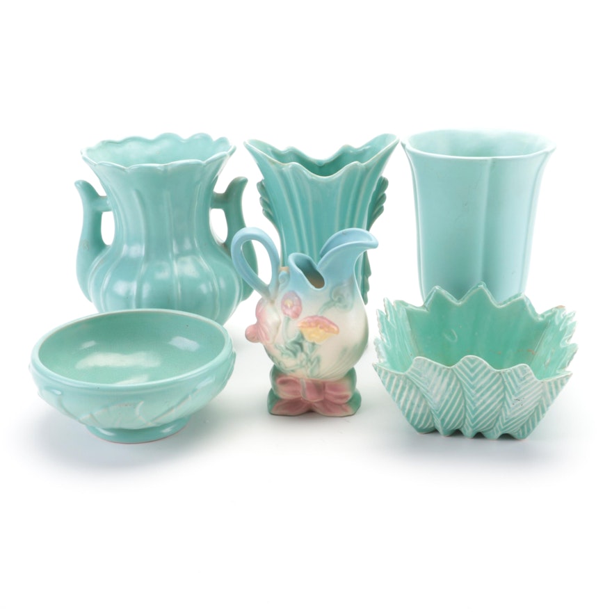 Rumrill, Weller, Hull with Other Blue Glaze Ceramic Vases, Bowls and Pitcher