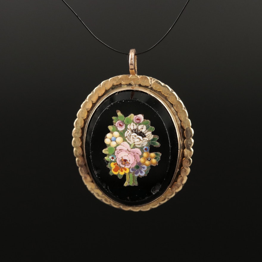14K Micromosaic Floral and Black Onyx Pendant