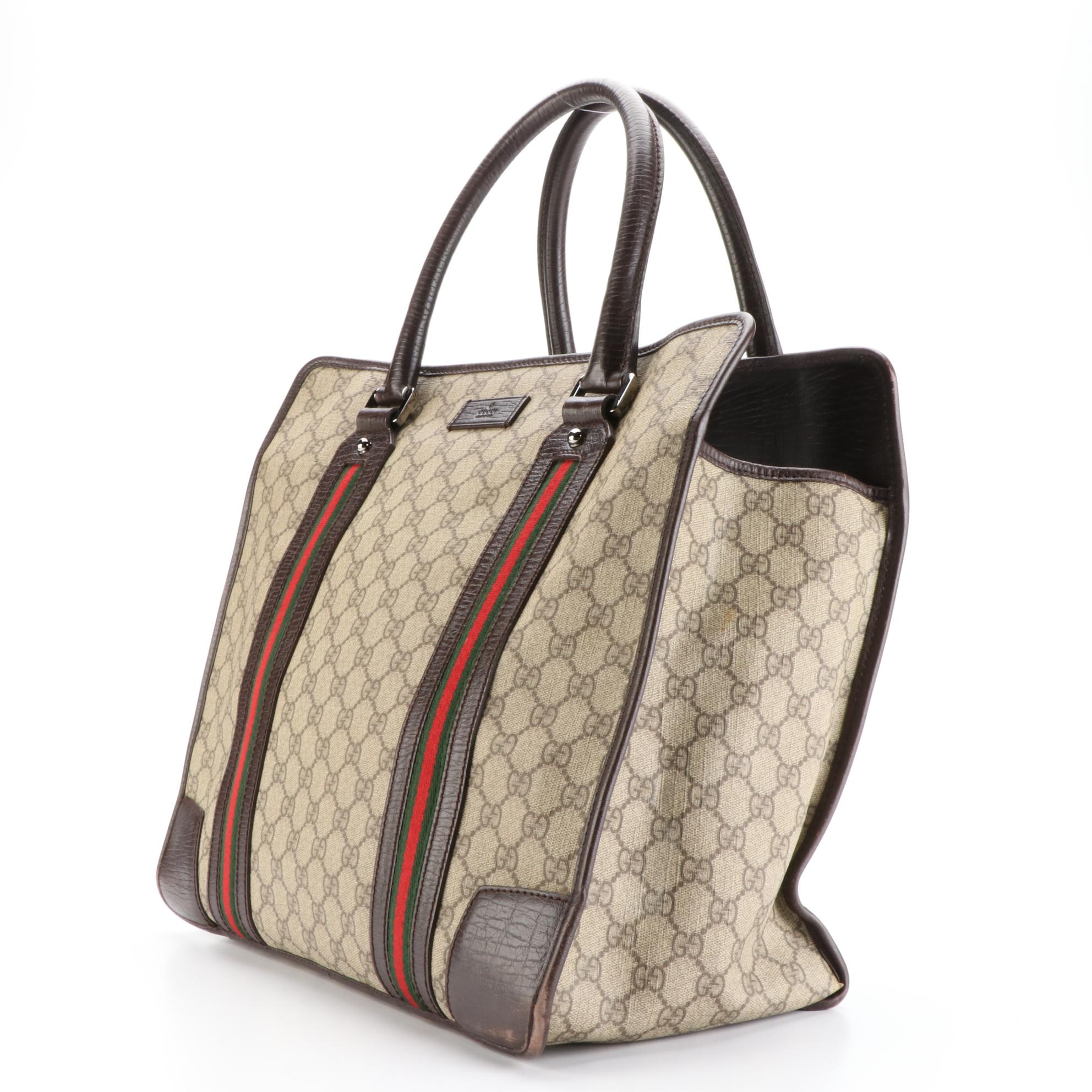 Gucci Medium Tote in GG Supreme Canvas, Brown Leather, and Web Stripe