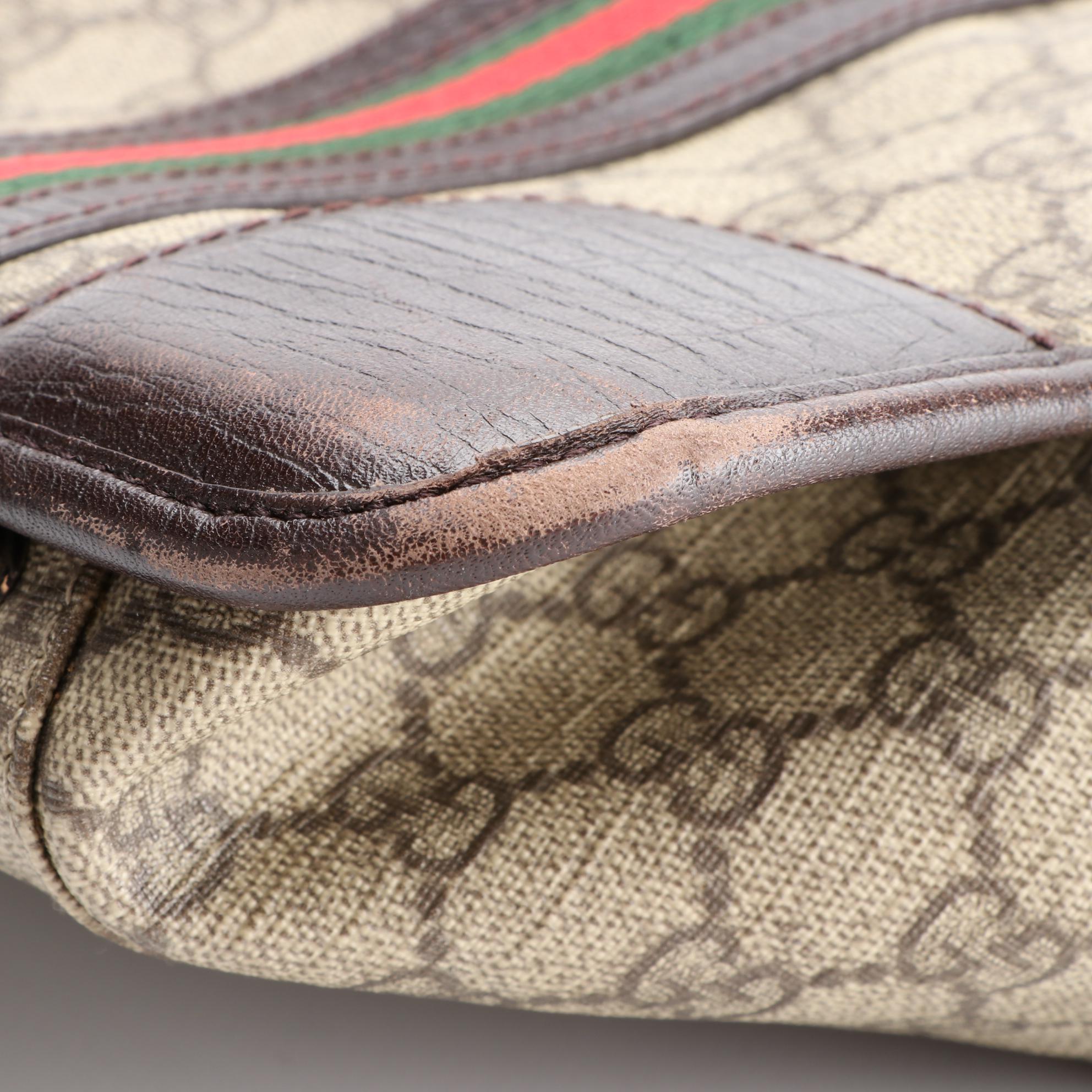 Gucci Medium Tote in GG Supreme Canvas, Brown Leather, and Web Stripe