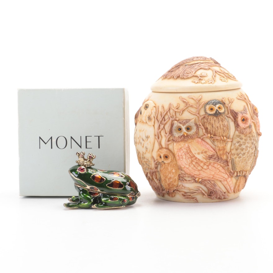 Jardinia and Monet Owl and Frog Jewelry Boxes