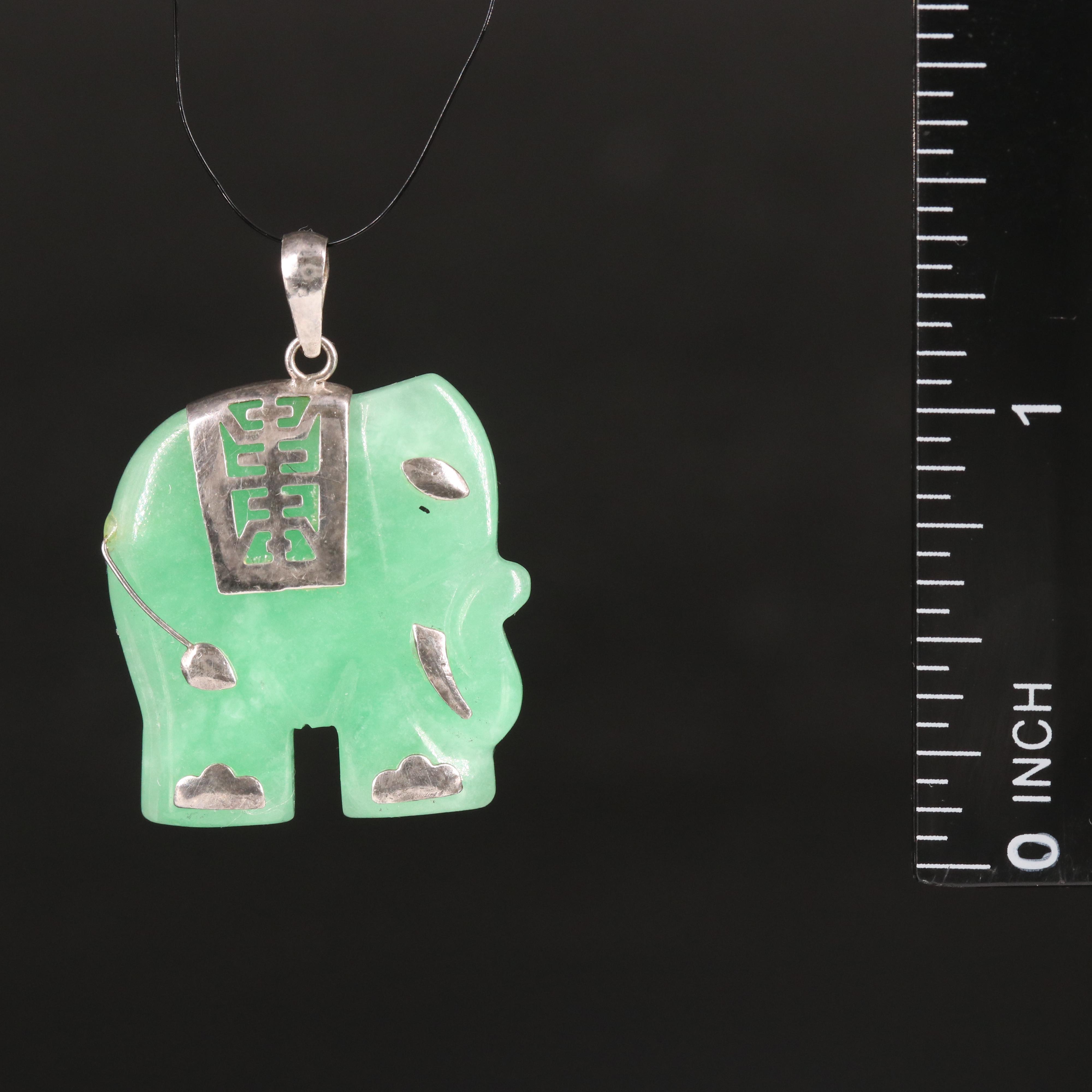Sterling Jadeite Longevity Elephant Pendant Necklace