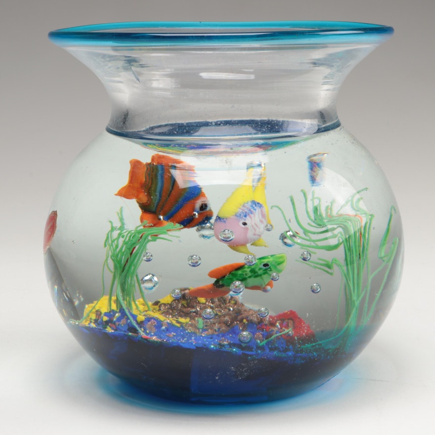 Murano Blown and Crafted Aquatic Landscape Art Glass Fishbowl Paperweight